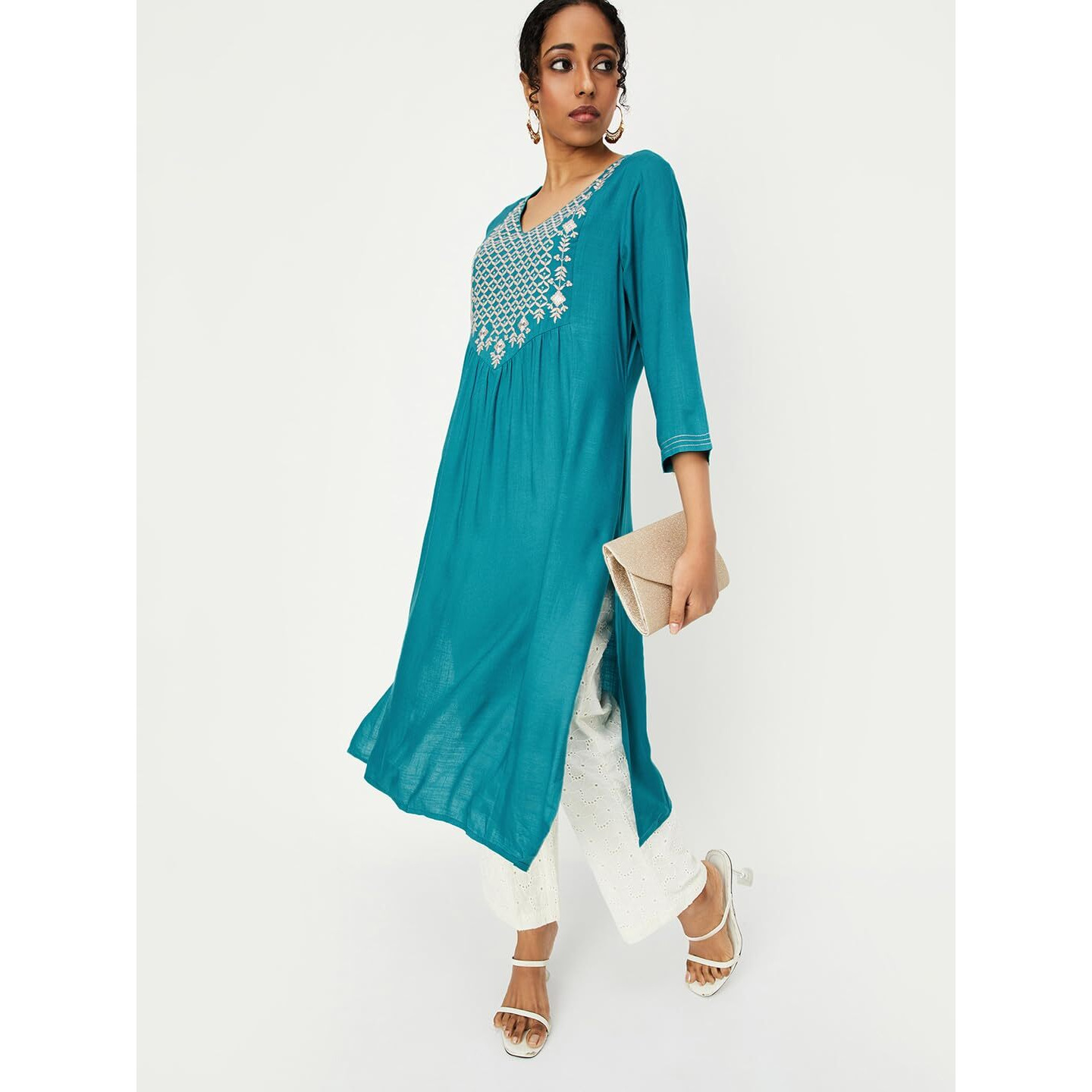 Max Women Embroidered Yoke Straight Kurta (EKPR41001ATEAL)_XXL