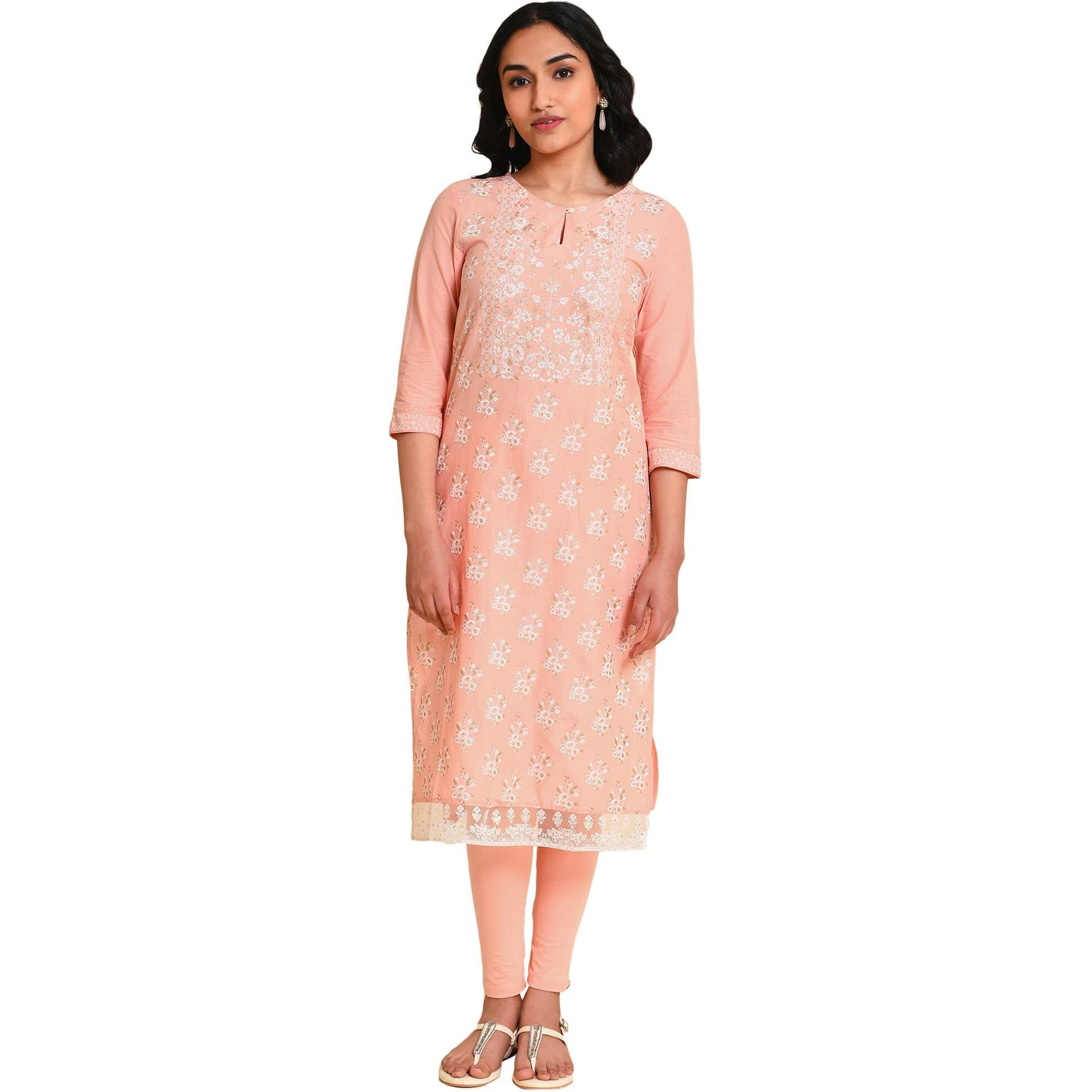 W For Woman Pink Floral Printed Cotton Straight Long Kurta with Glitter Detail