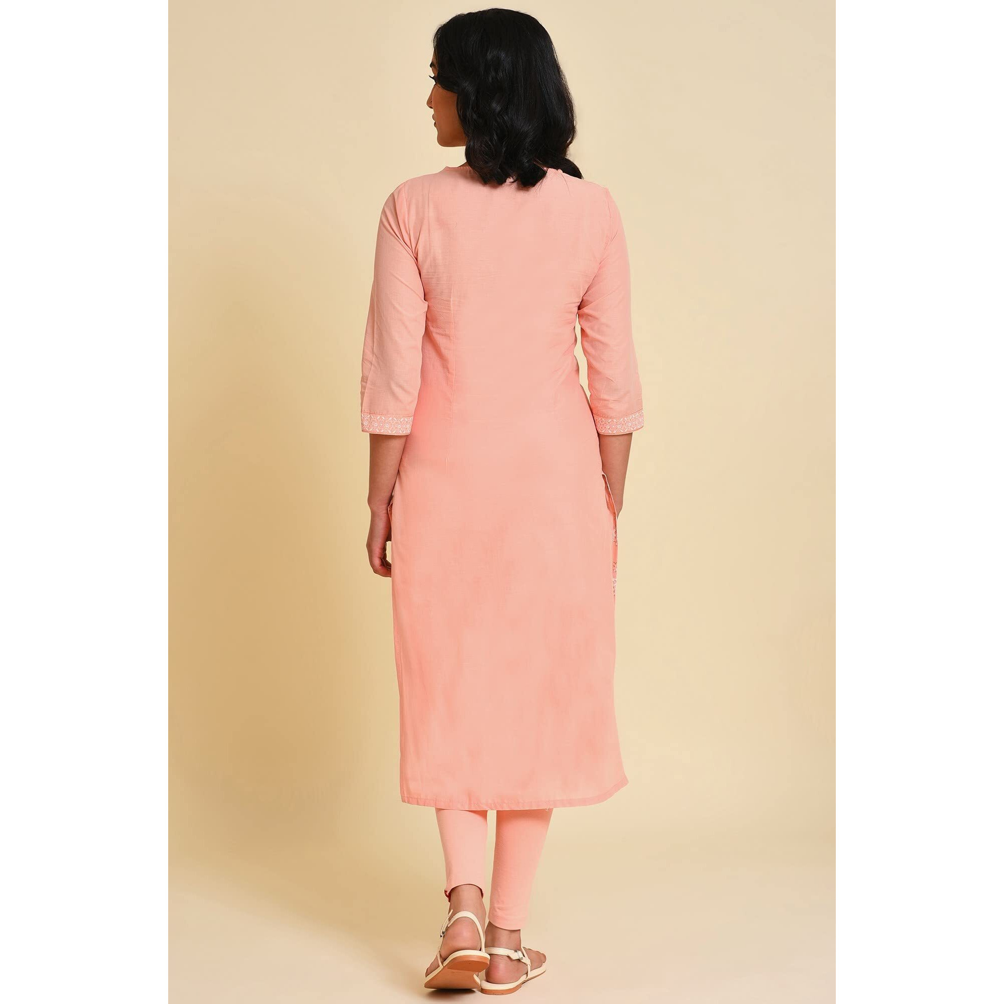 W For Woman Pink Floral Printed Cotton Straight Long Kurta with Glitter Detail