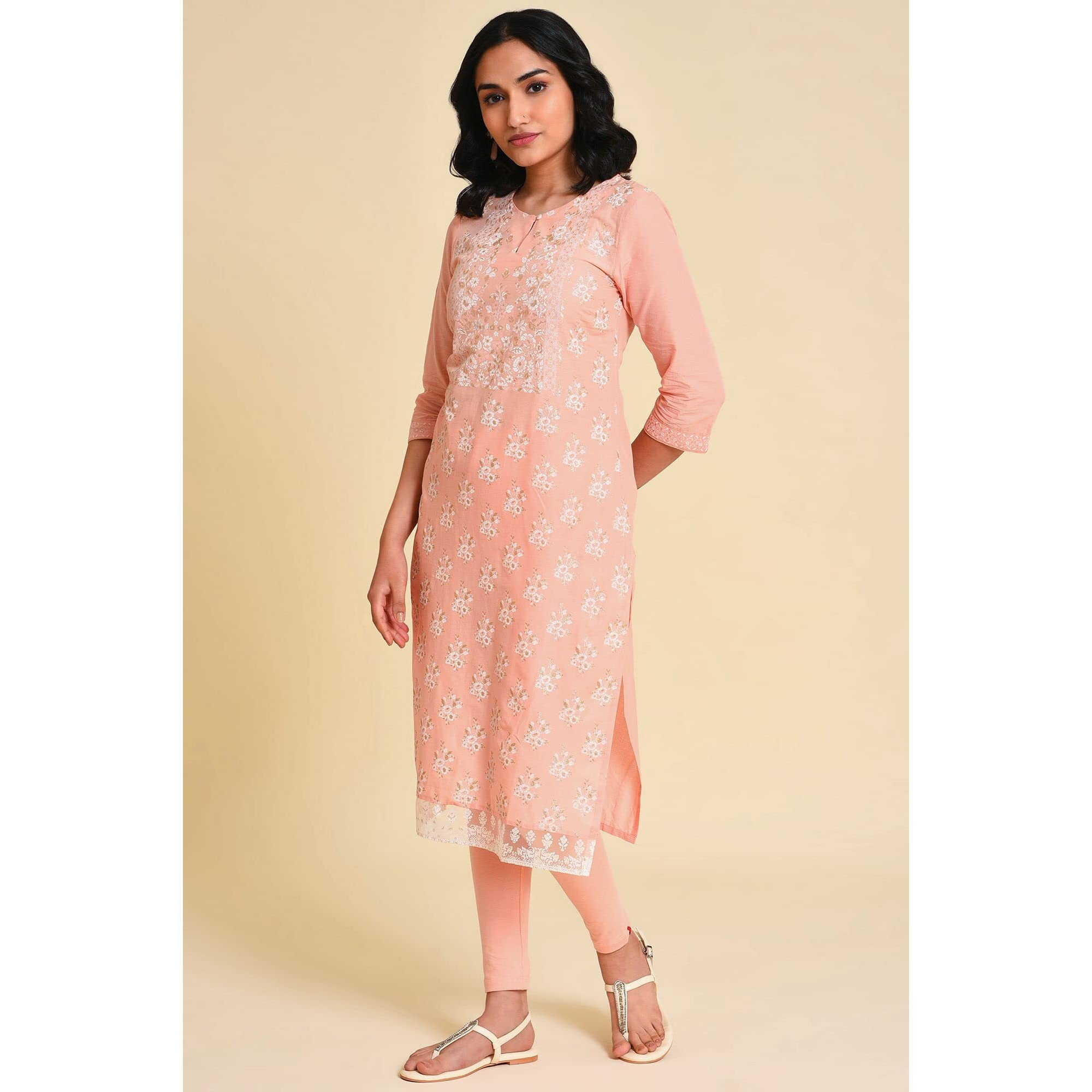 W For Woman Pink Floral Printed Cotton Straight Long Kurta with Glitter Detail