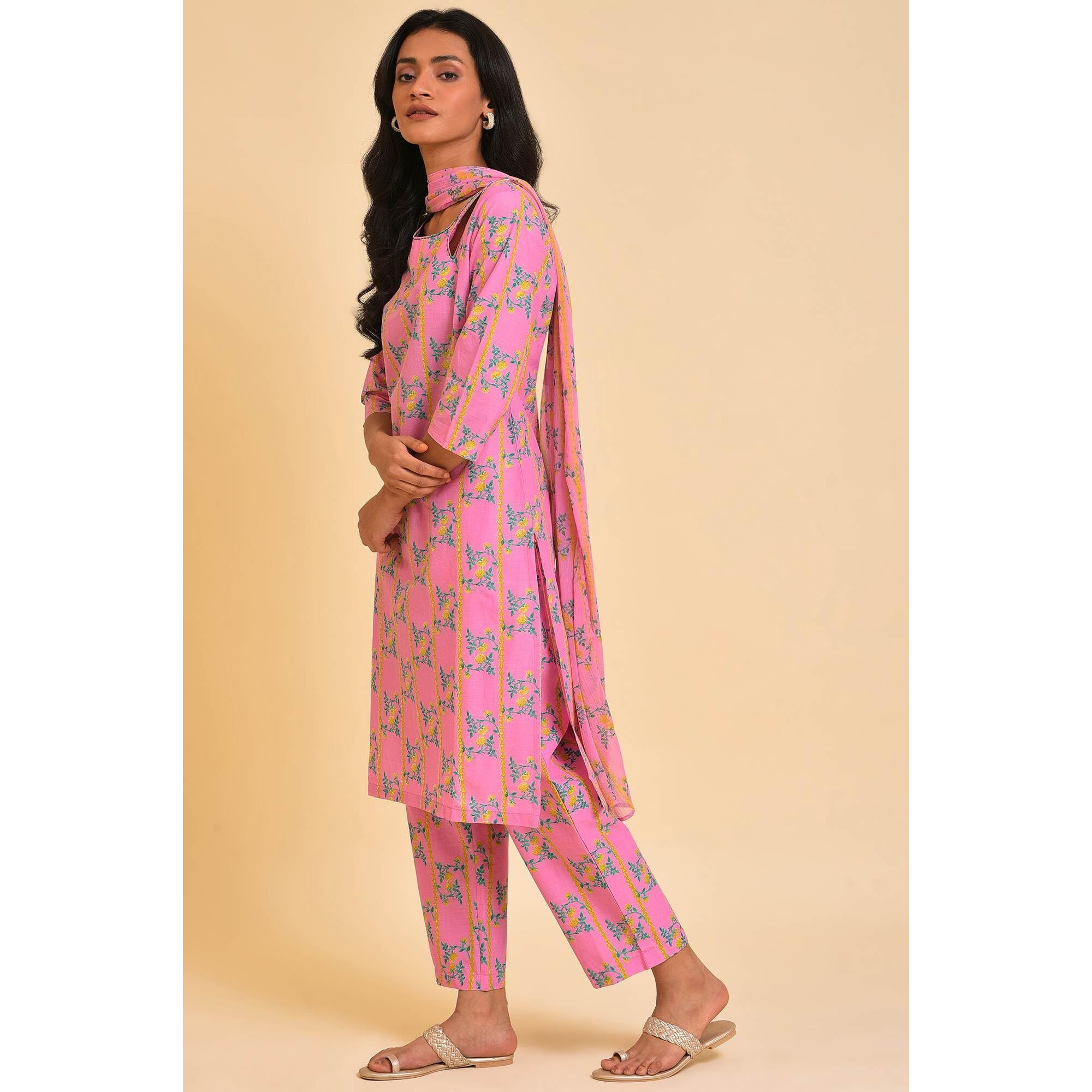 W for Woman Floral Knee Length Cotton Woven Women's Kurta Pant Dupatta Set (Pink,Large)