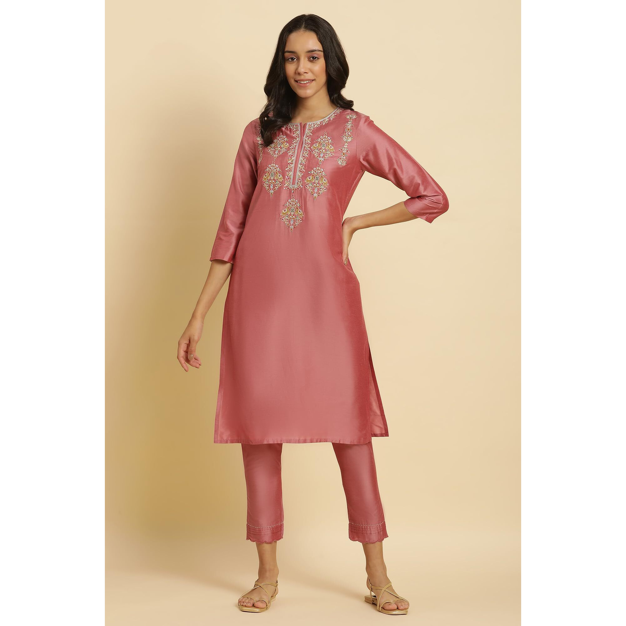 W Pink Embroidered Straight Long Blend Kurta for Women