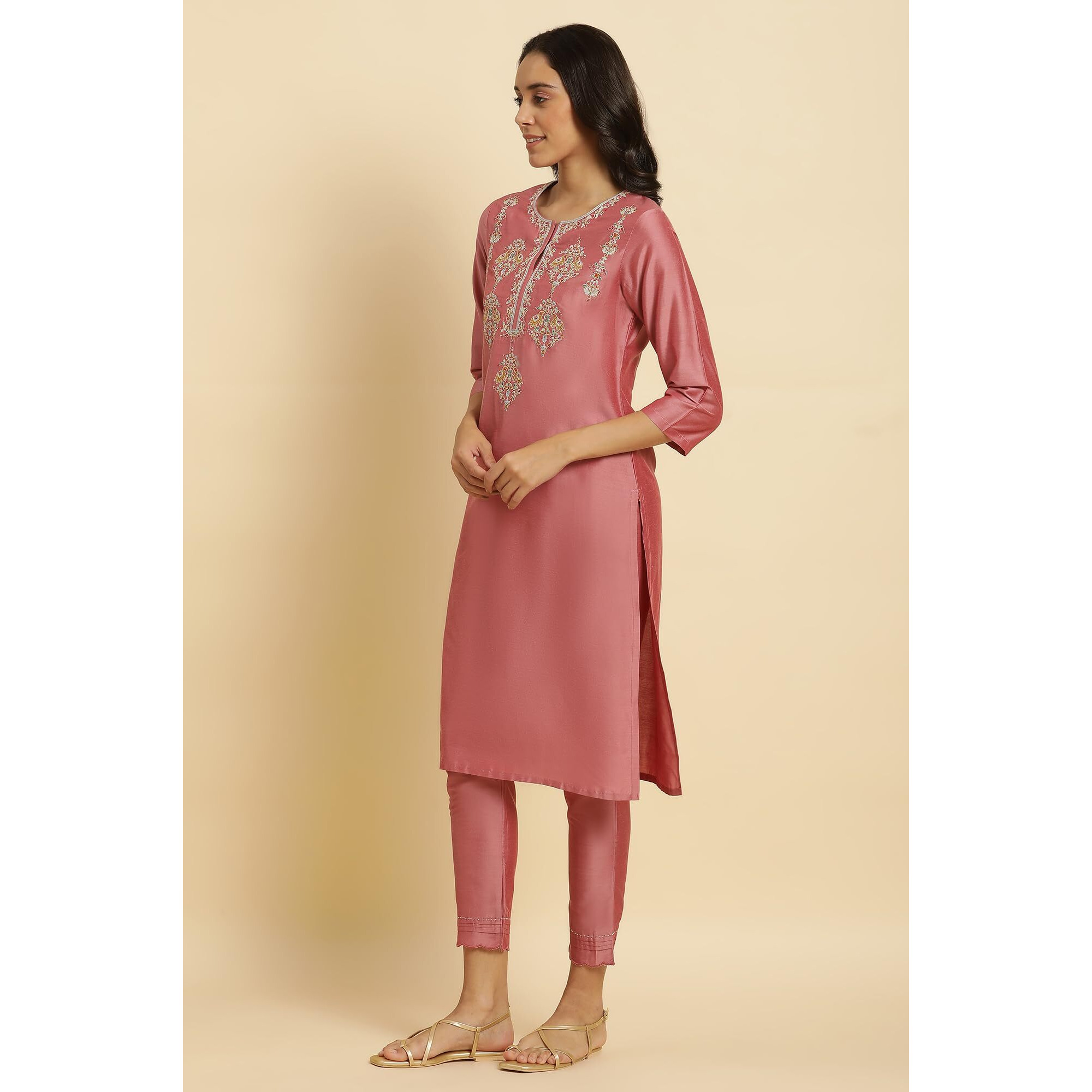 W Pink Embroidered Straight Long Blend Kurta for Women