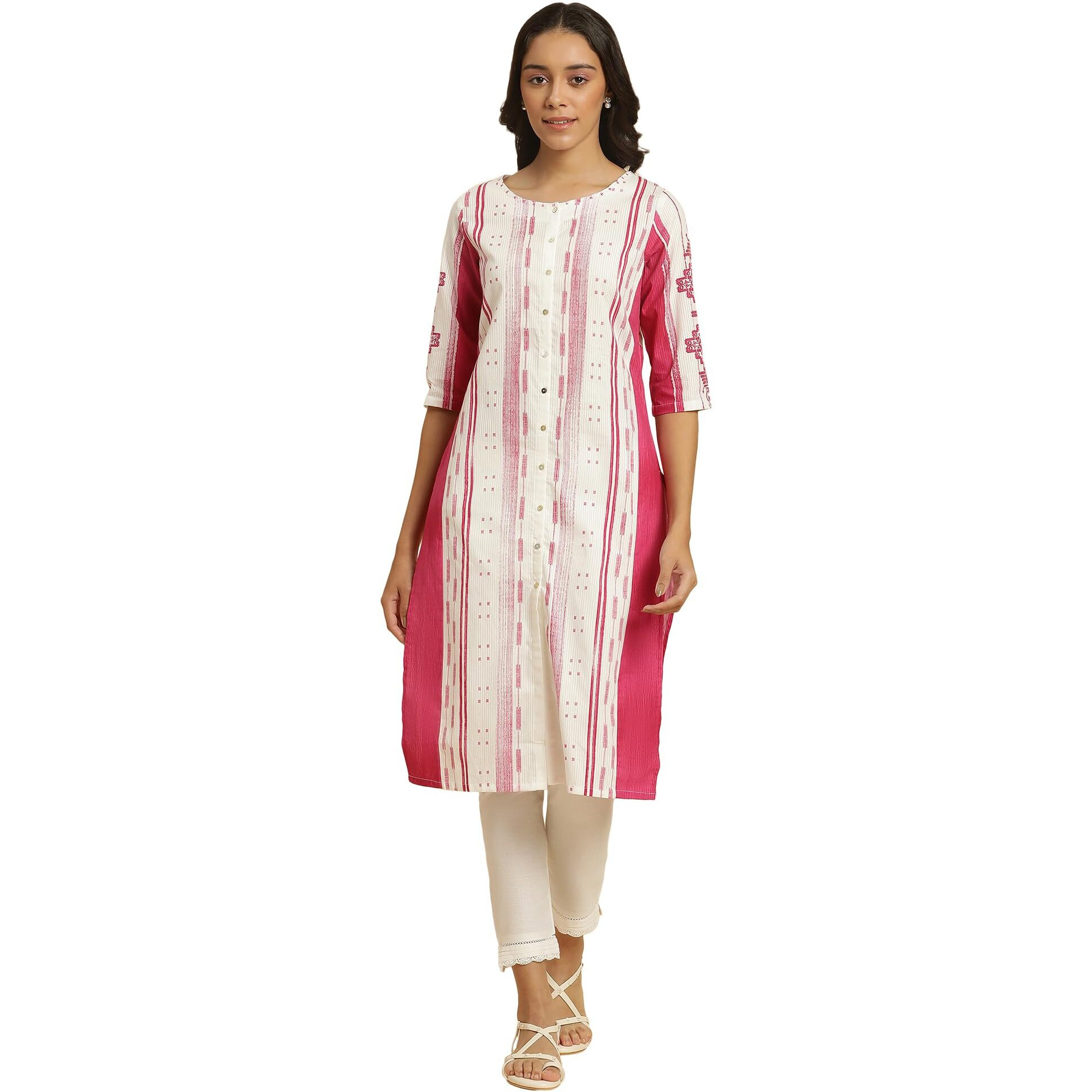 W Pink Cotton Geometric Printed Kantha Regular Kurta for Women