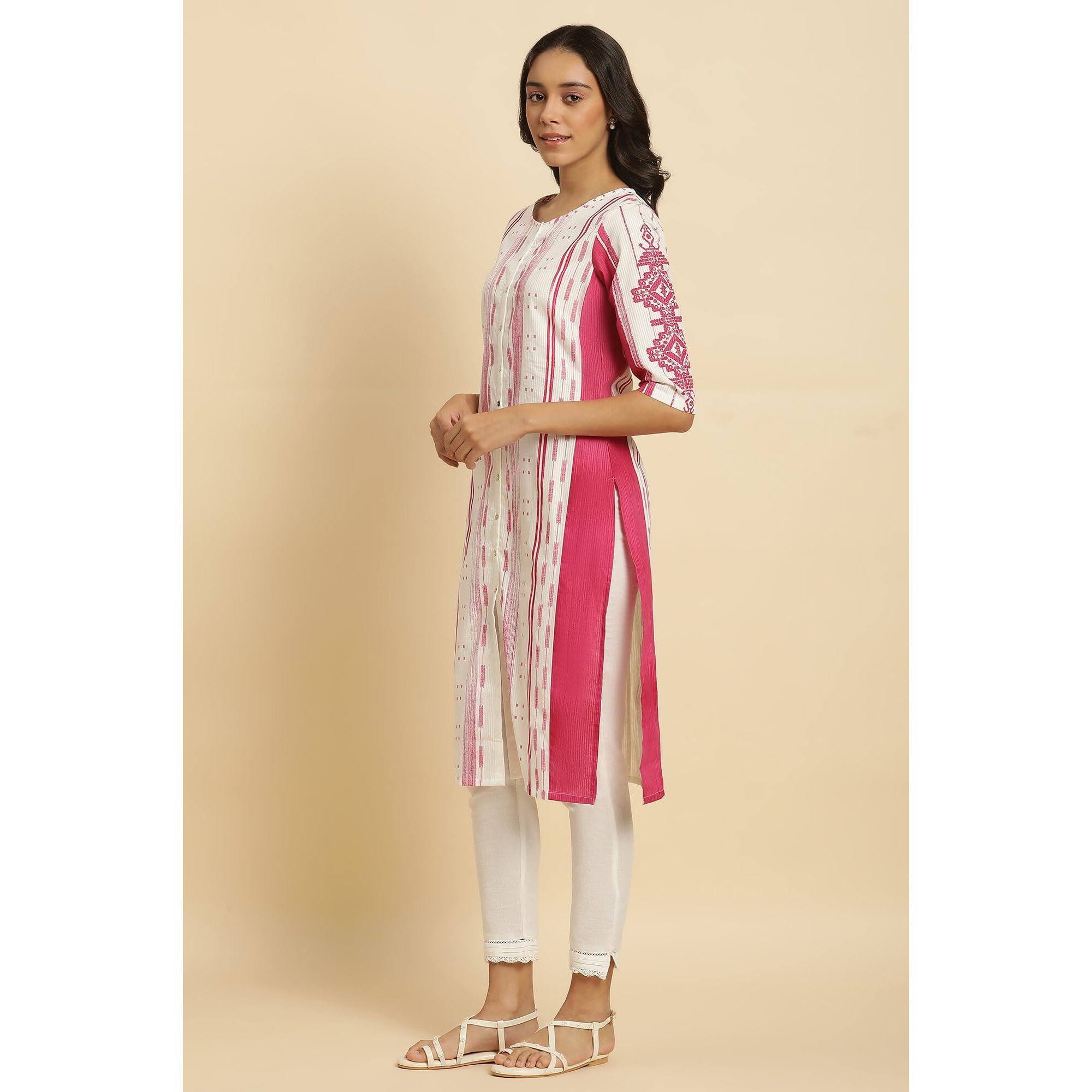 W Pink Cotton Geometric Printed Kantha Regular Kurta for Women