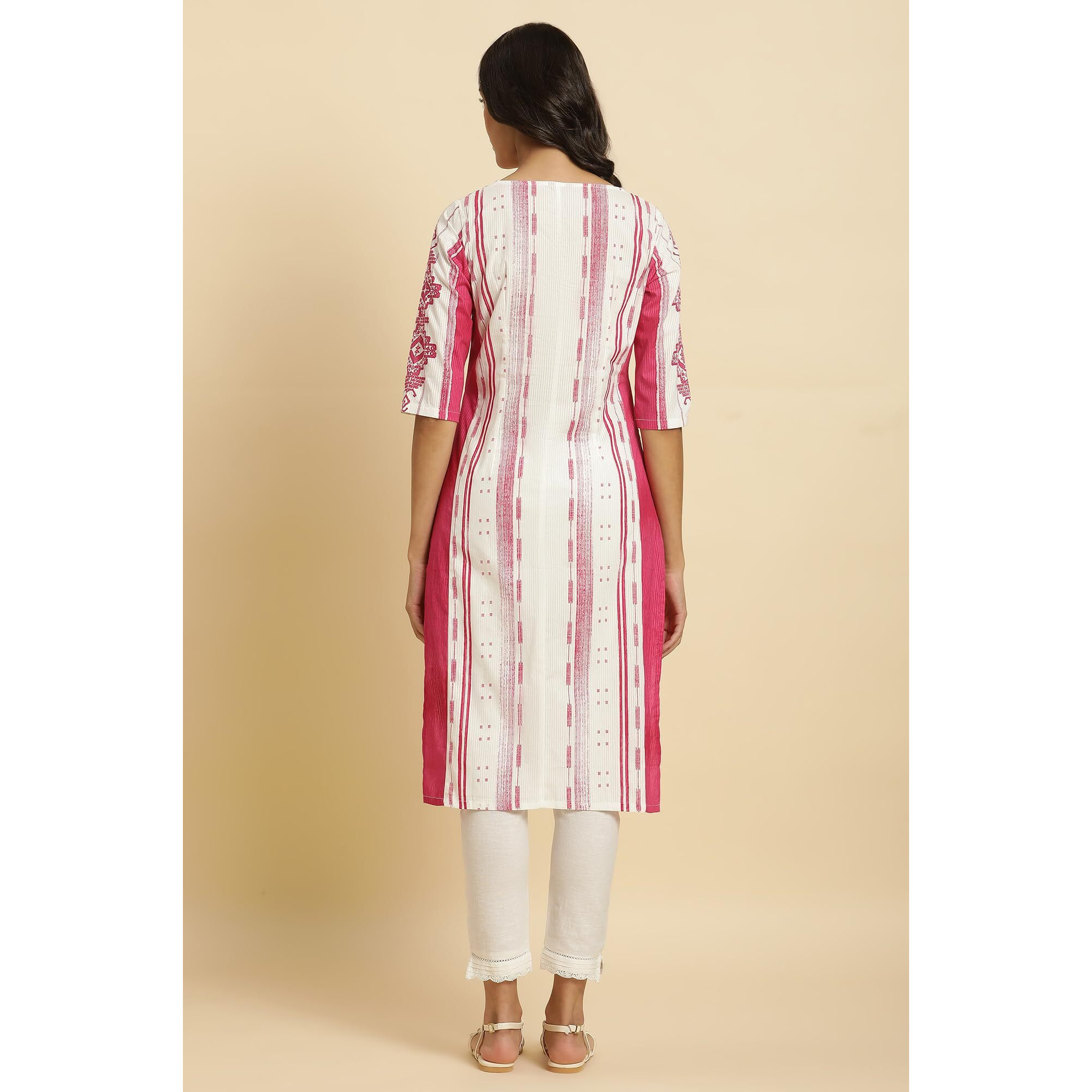 W Pink Cotton Geometric Printed Kantha Regular Kurta for Women