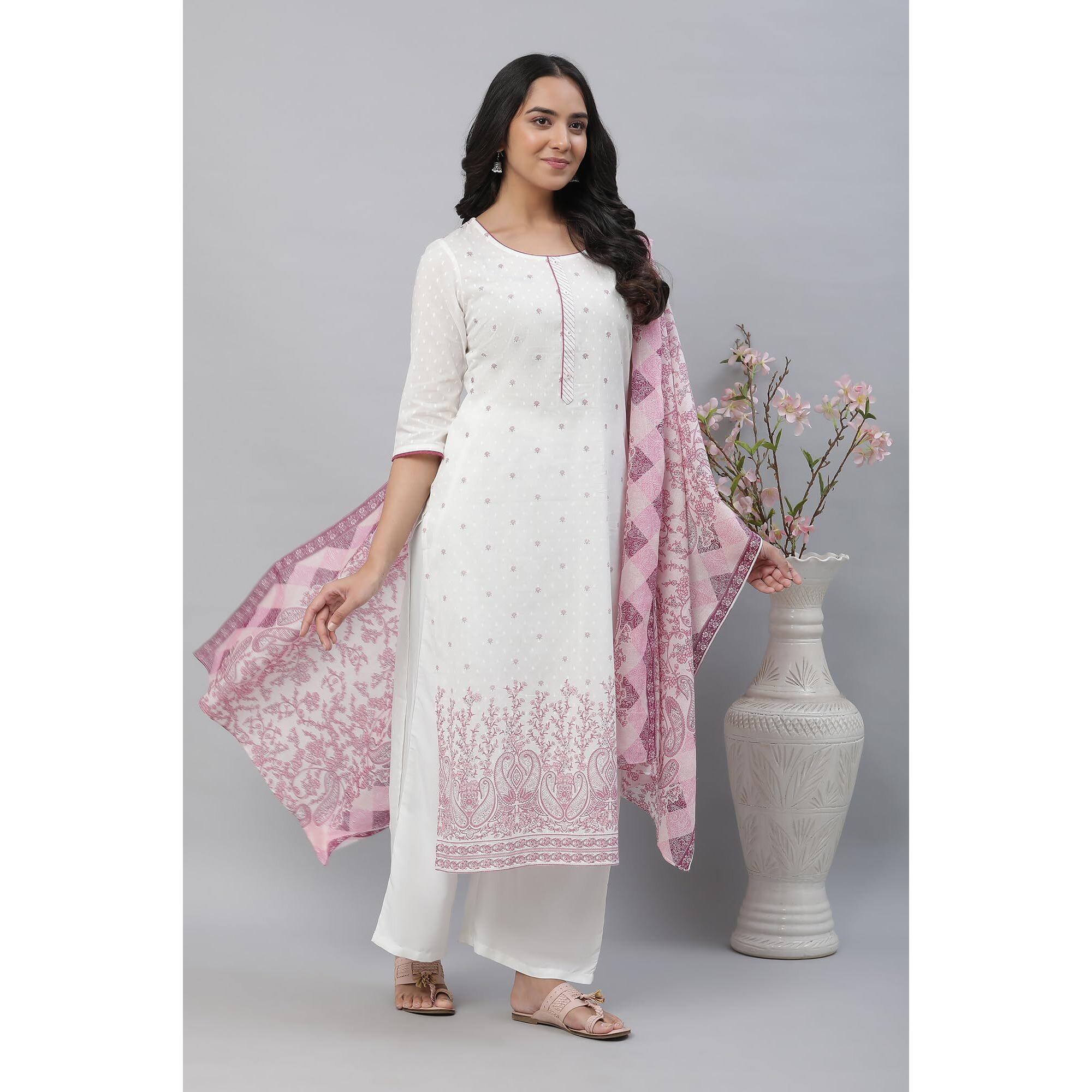 Aurelia White Paisley Printed Cotton Regular Kurta for Women