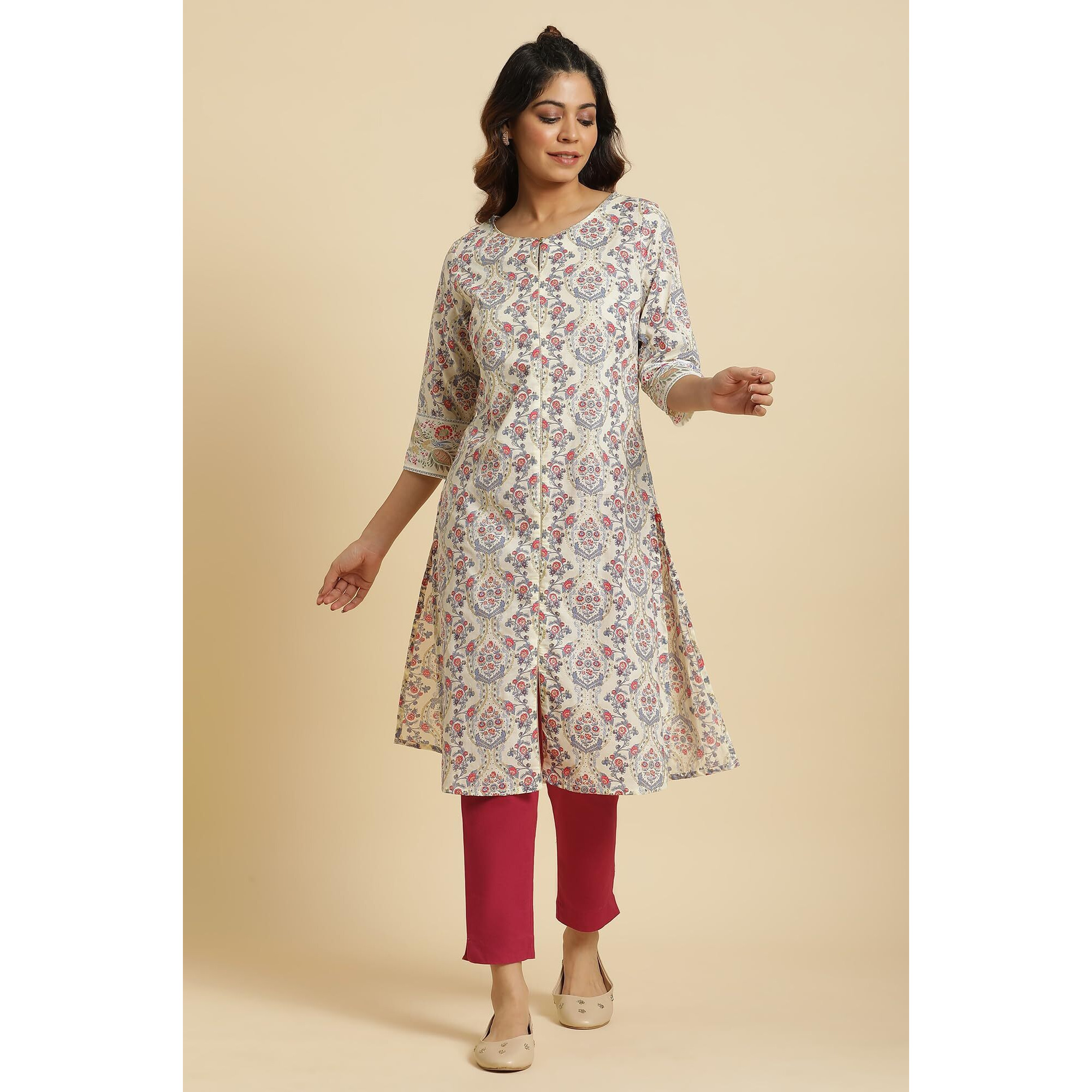 W for Woman Women's Cotton Regular Kurta (23AUW10113-121064_Ecru