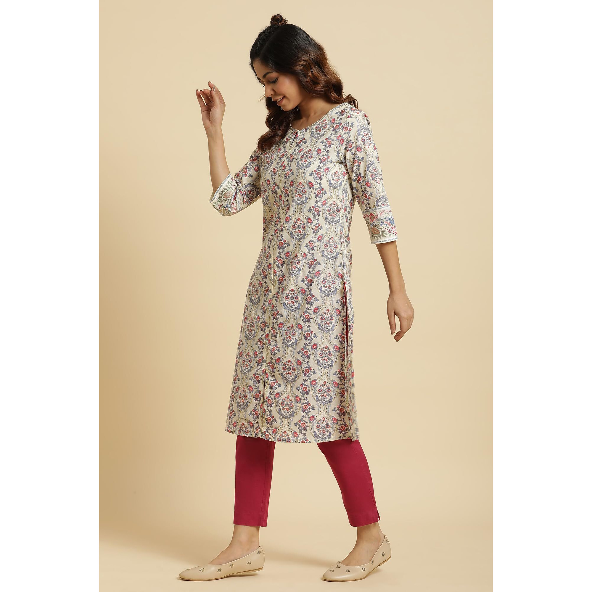 W for Woman Women's Cotton Regular Kurta (23AUW10113-121064_Ecru