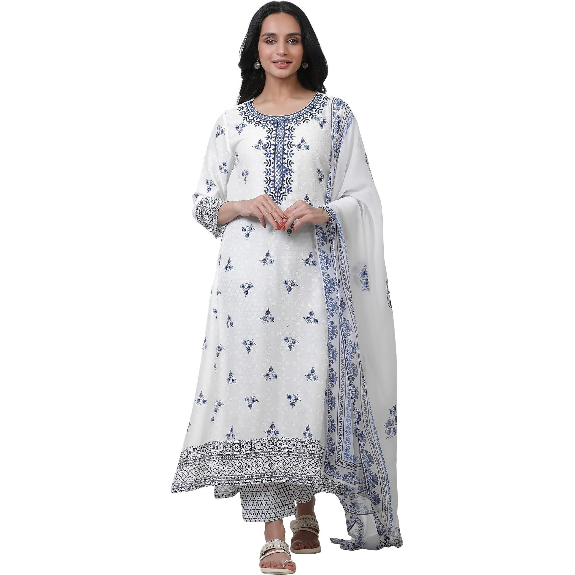 W for Woman White Festive Floral Print Viscose Straight Kurta Set with Straight Pant & Dupatta_24FEWS10621-122989_2XL