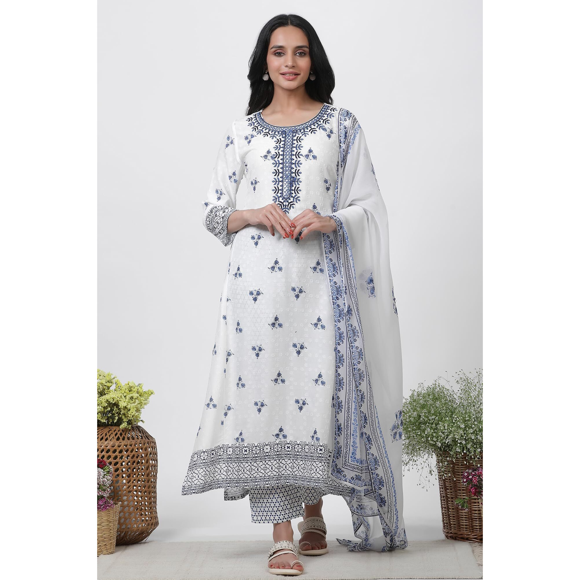 W for Woman White Festive Floral Print Viscose Straight Kurta Set with Straight Pant & Dupatta_24FEWS10621-122989_2XL