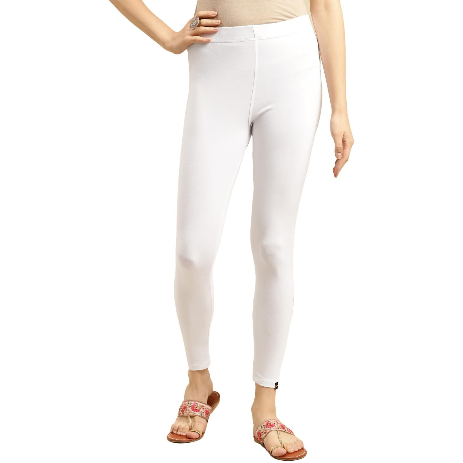 rangita Women Cotton White Solid Ankle Length Legging, S