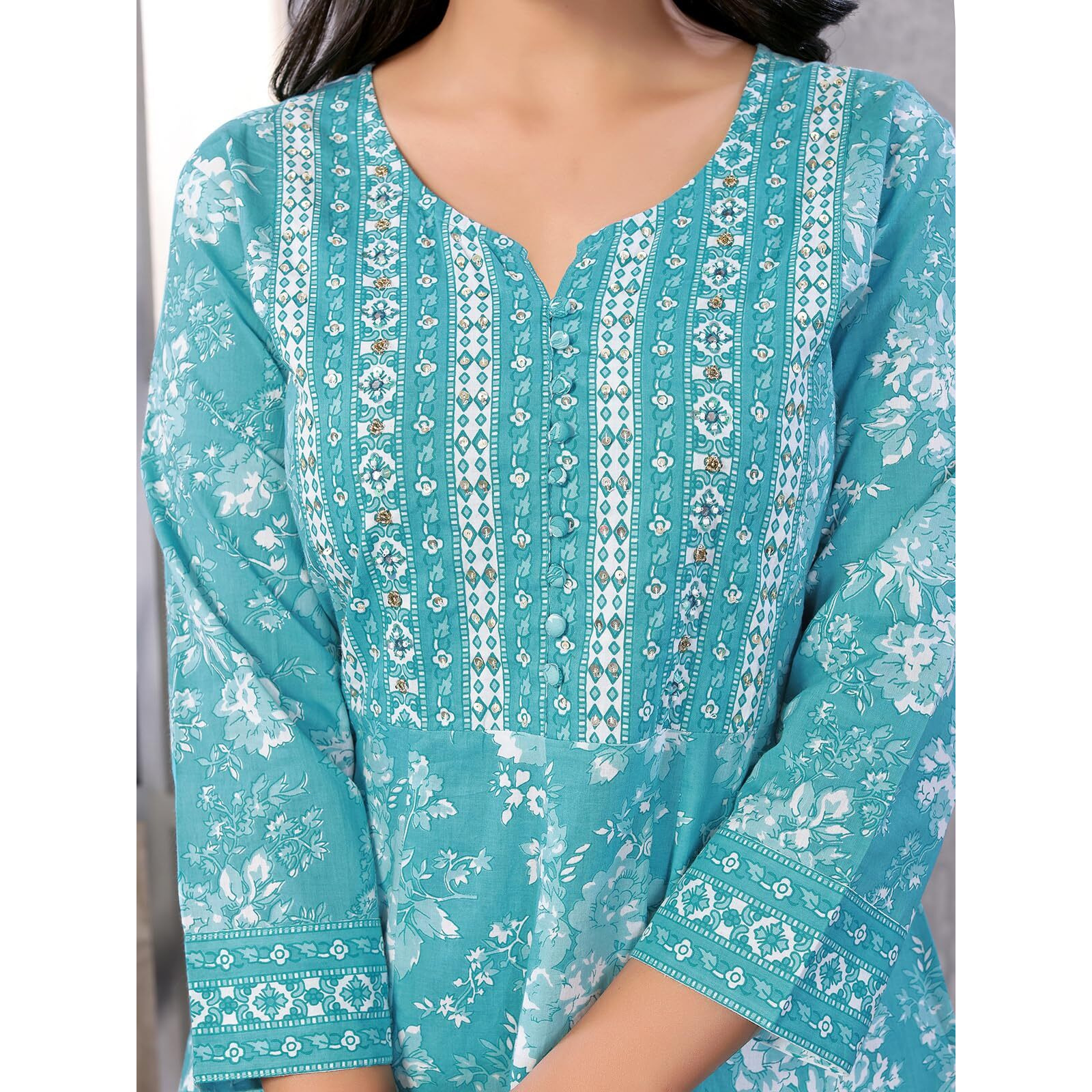 rangita Turquoise Cotton Calf Length Embroidered Anarkali Kurti | Kurta for Women_L