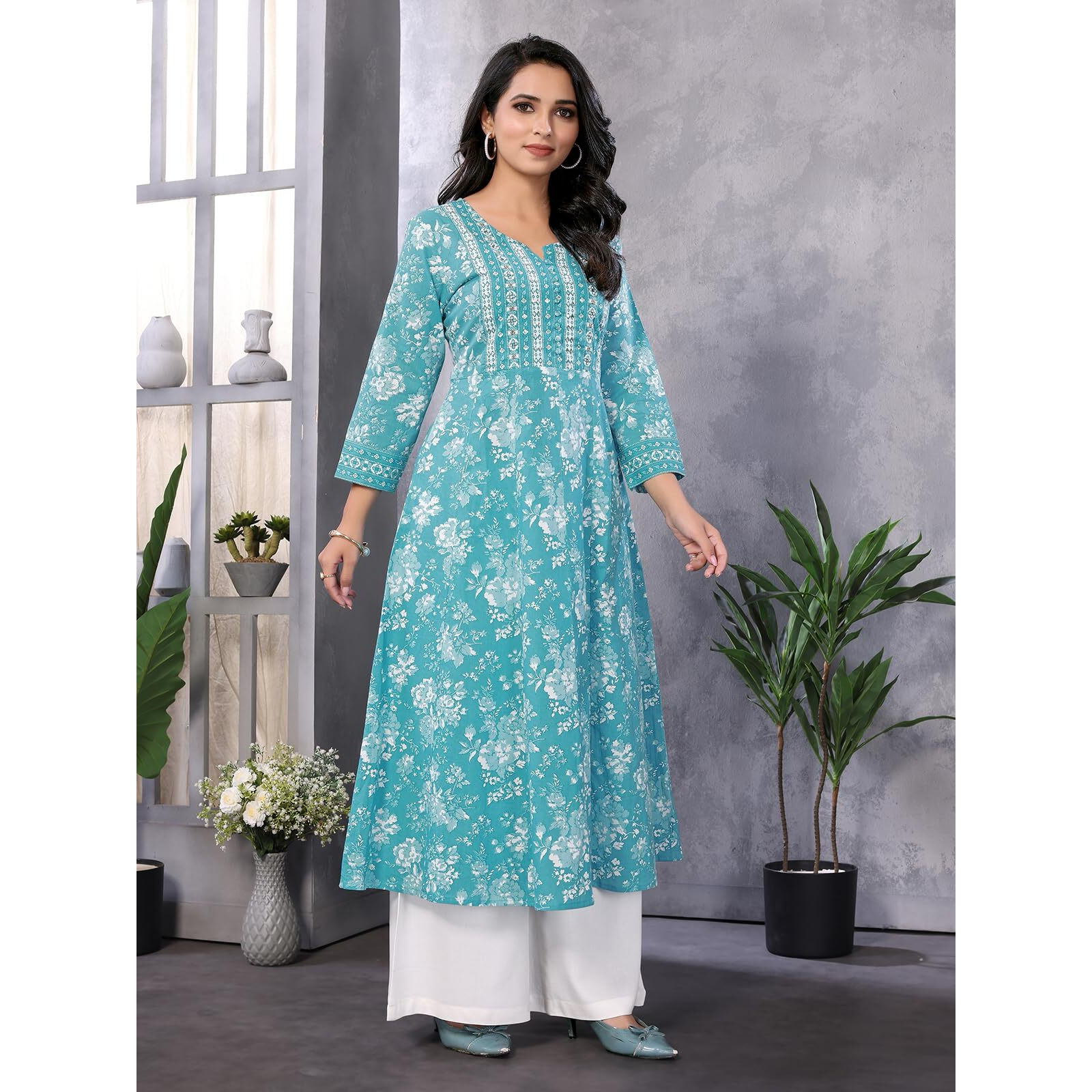 rangita Turquoise Cotton Calf Length Embroidered Anarkali Kurti | Kurta for Women_L
