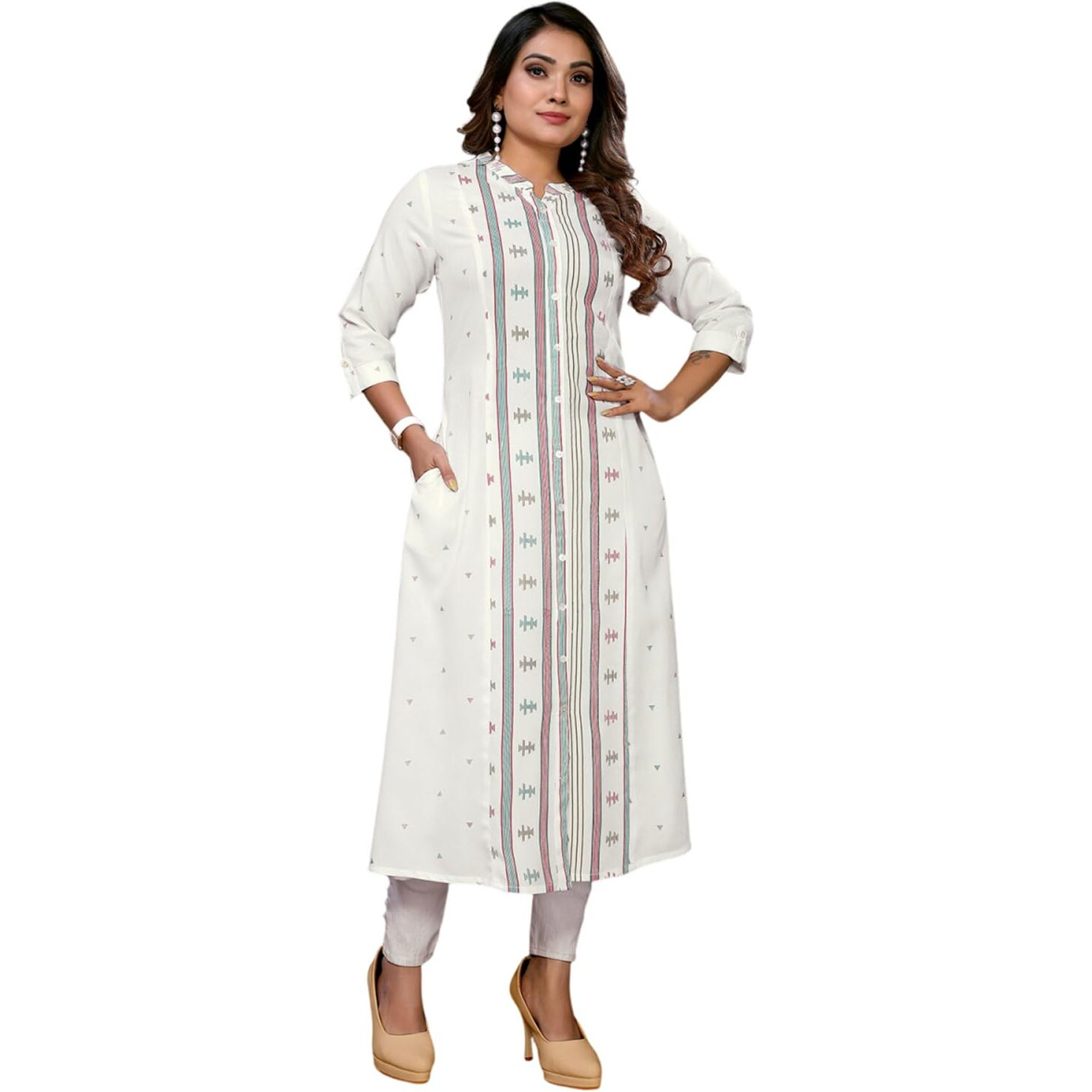 rangita Off White Rayon Calf Length Printed A-Line Kurti | Kurta for Women_XL