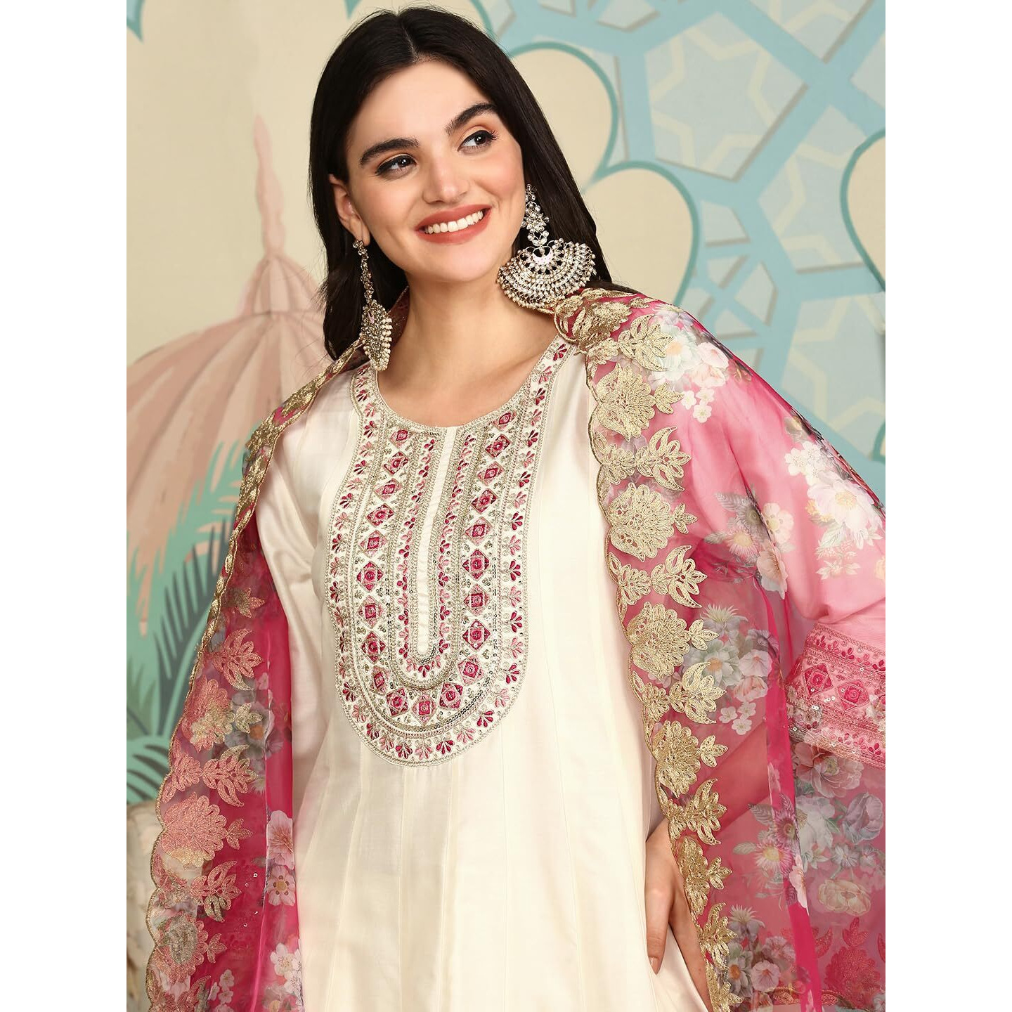 ishin White Floral Embroidered Thread Work Straight Kurta With Trousers & Dupatta | Kurta set for women | Kurta with trousers and dupatta