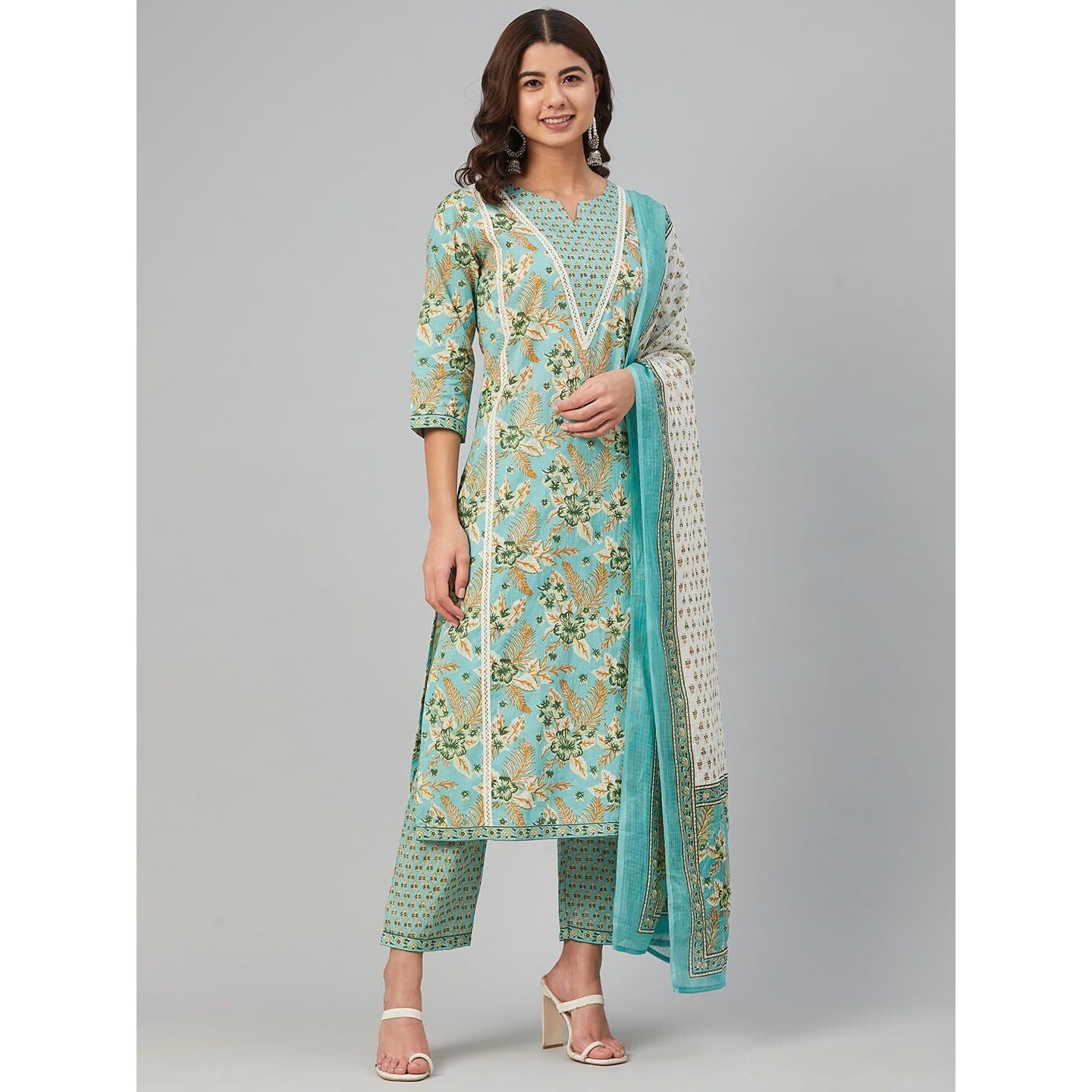 Yuris Women Blue Green Pure Cotton Printed Kurta with Palazzos Dupatta (S)