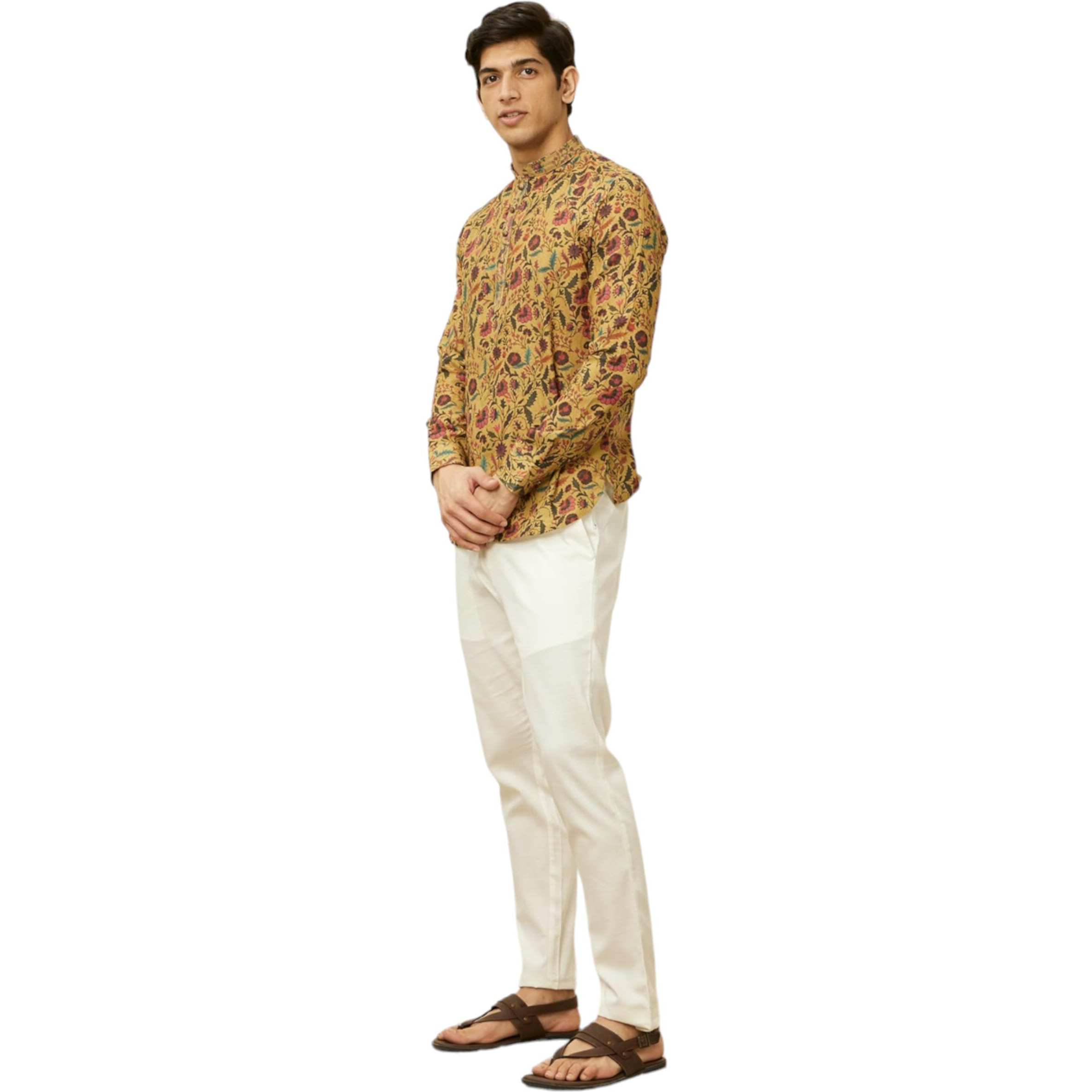Manyavar Mens Mustard Blended Viscose Printed Short Kurtas