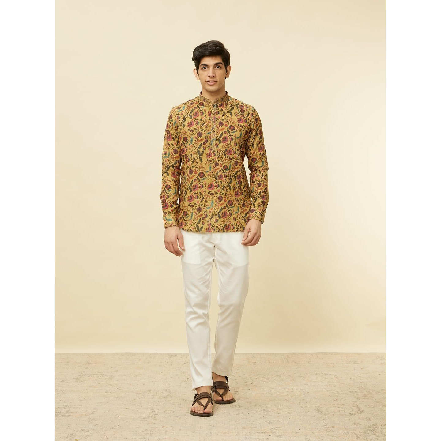 Manyavar Mens Mustard Blended Viscose Printed Short Kurtas
