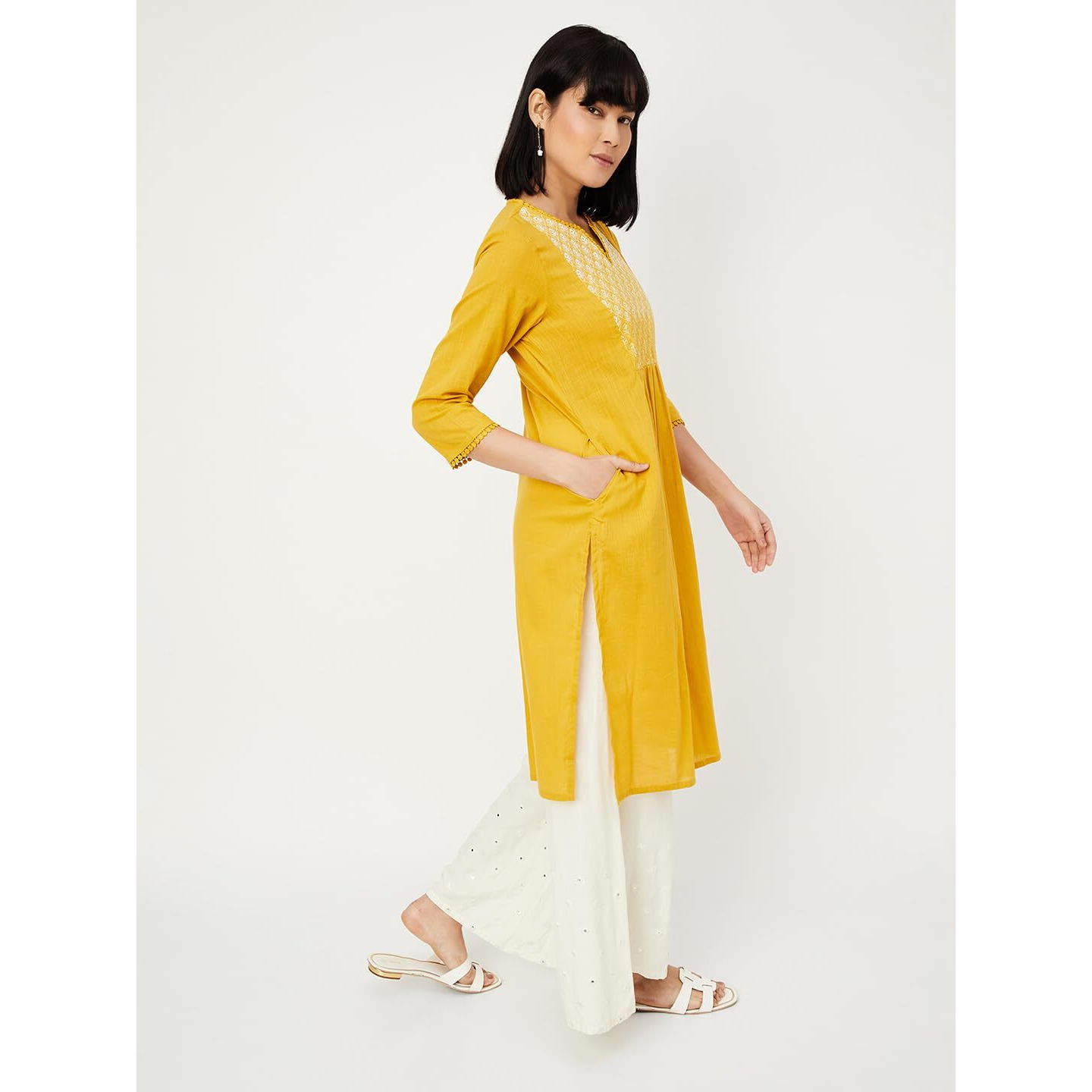 Max Women's Cotton Blend Regular Kurta (AEEKFE24OMMUSTARD_Mustard