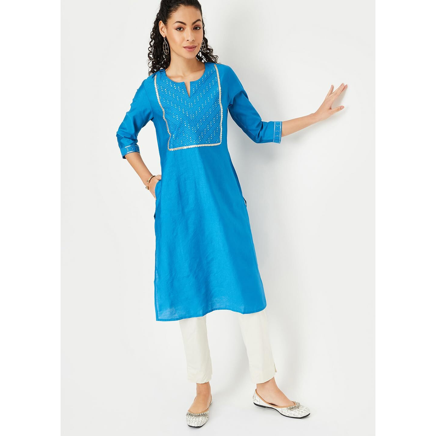 Max Women's Silk Sequined Regular Kurta (MAEKFE24AY_Navy