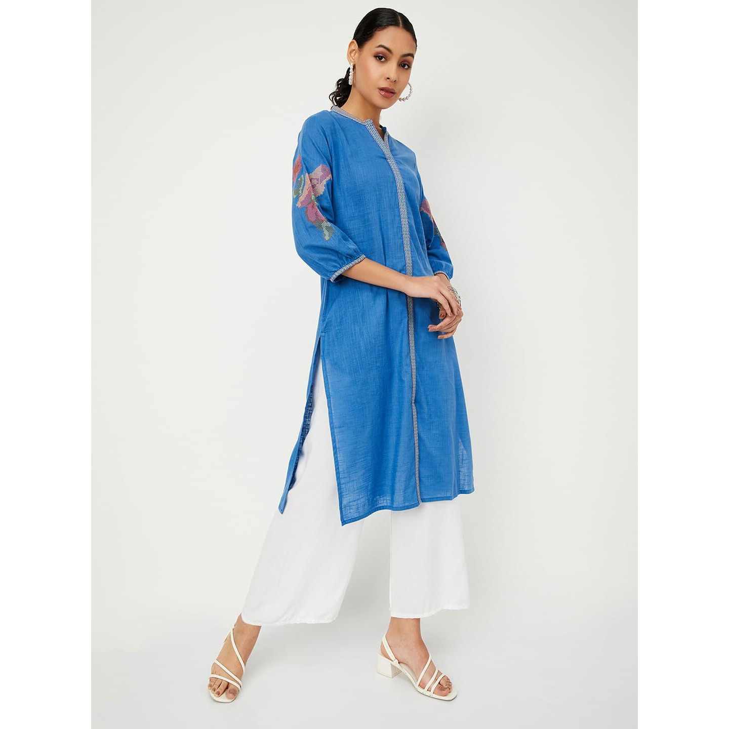Max Women's Cotton Blend Embroidered Regular Kurta (NAWWFE24AD_Blue