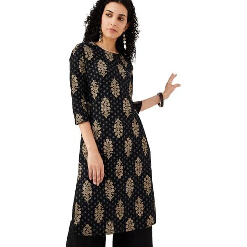 Max Women's Cotton Blend Regular Kurta (SWPKFE24NIBLACK_Black