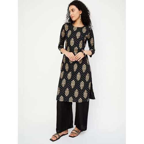 Max Women's Cotton Blend Regular Kurta (SWPKFE24NIBLACK_Black