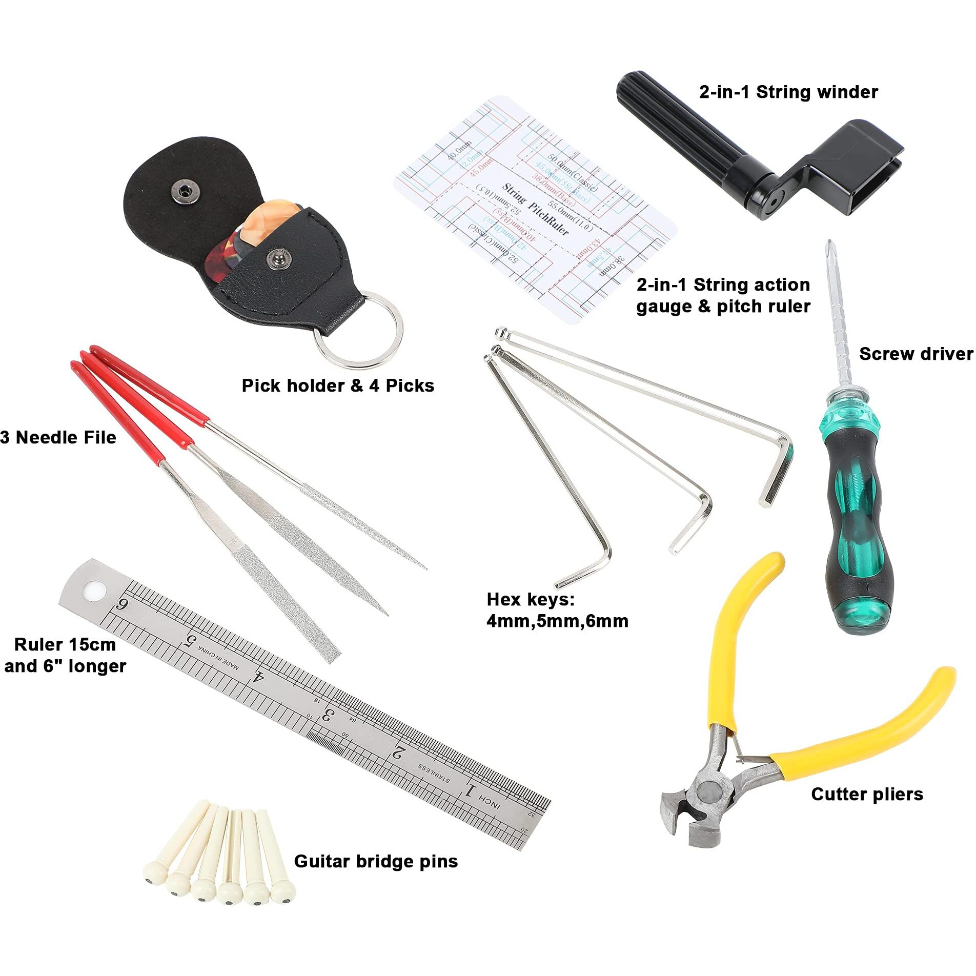 Juarez Guitar Maintenance, Set-up and Repair 23 Piece Tool Kit for Ukulele, Acoustic, Electric and Bass Guitars