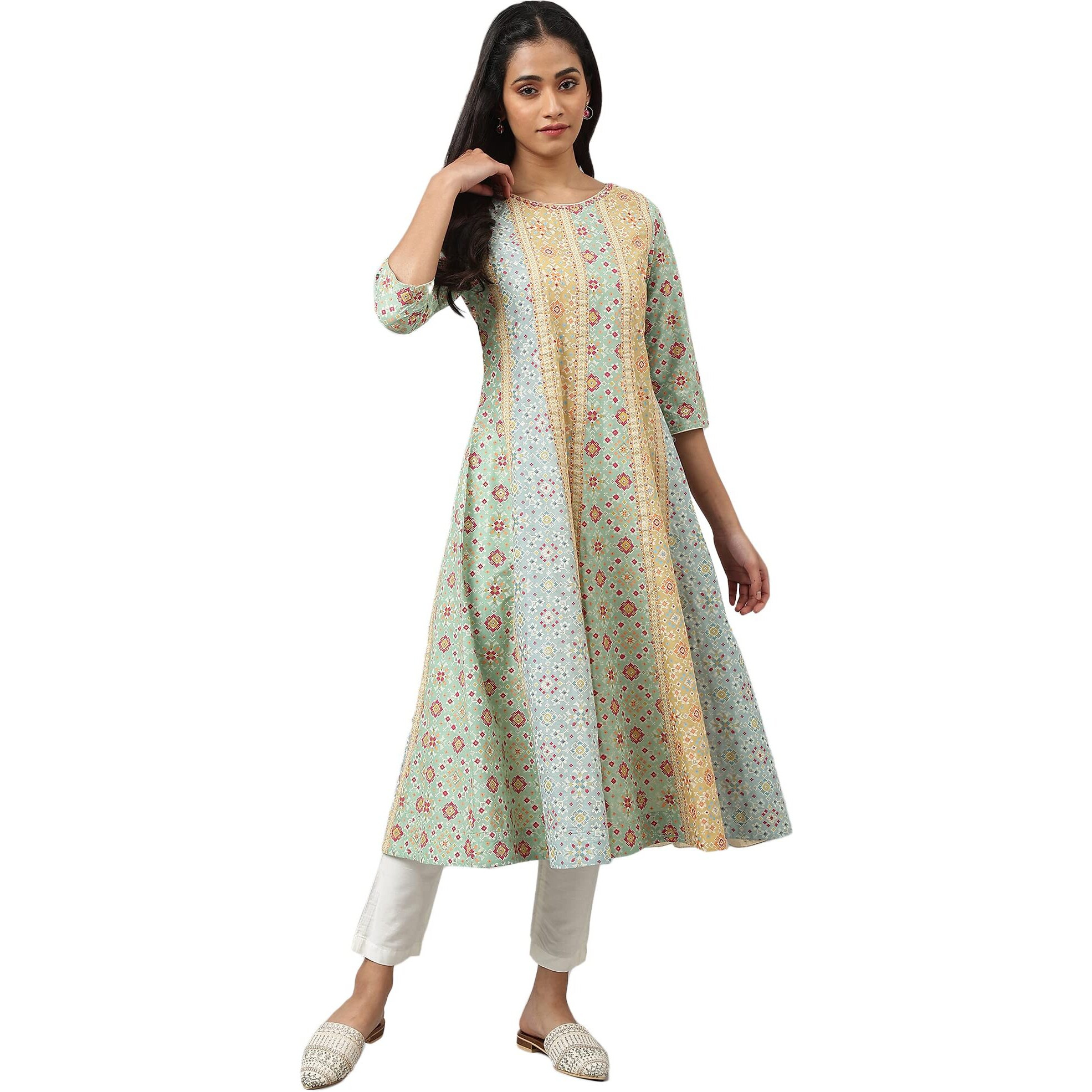 W For Woman Light Green Geometric Printed Cotton Regular Glitter Kurta with Beads