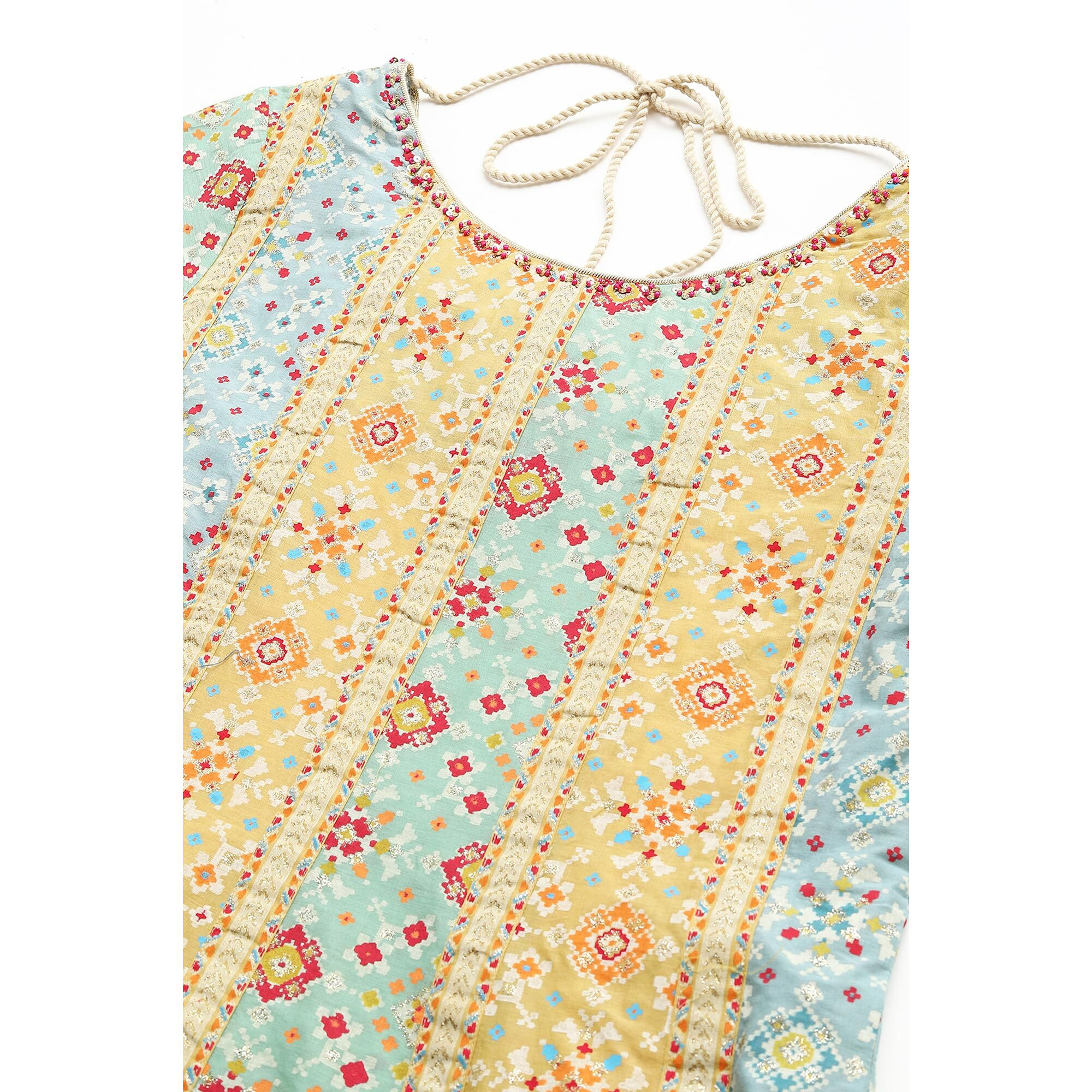 W For Woman Light Green Geometric Printed Cotton Regular Glitter Kurta with Beads