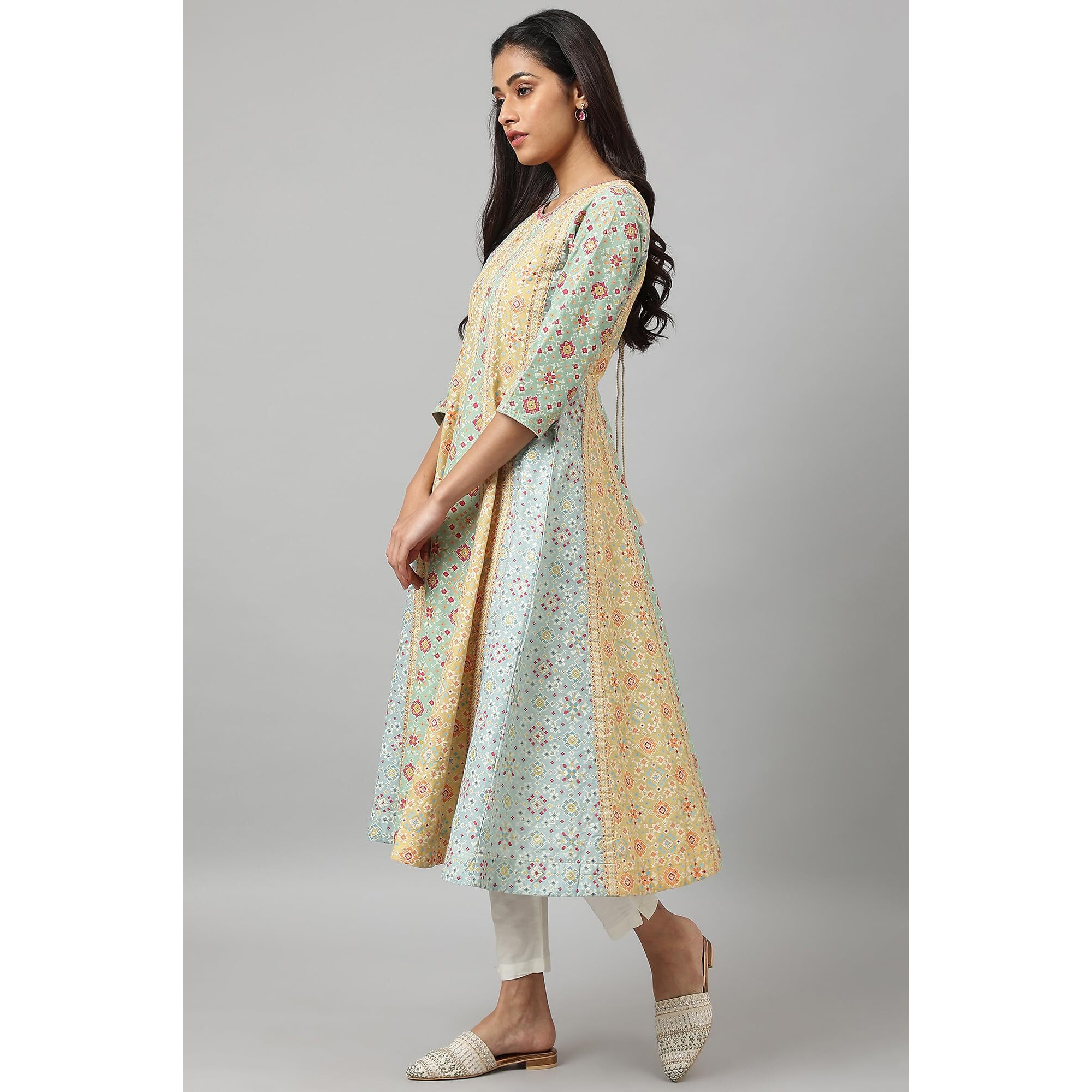 W For Woman Light Green Geometric Printed Cotton Regular Glitter Kurta with Beads