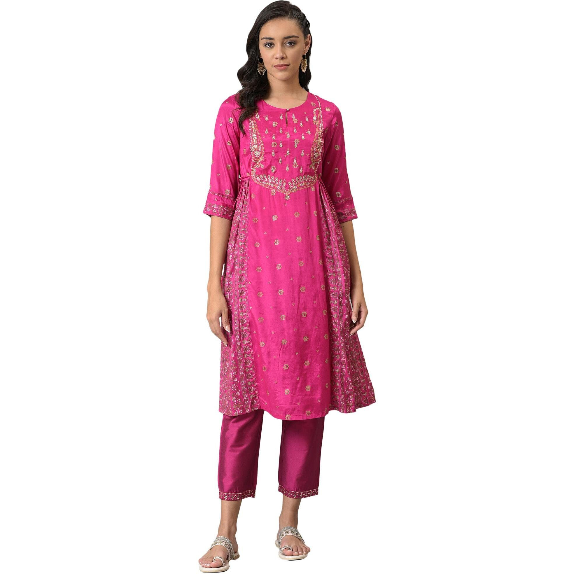 W for Woman Women Viscose Pink Flared Floral Printed Festive Kurta_22Auw18274-119793, X_Small