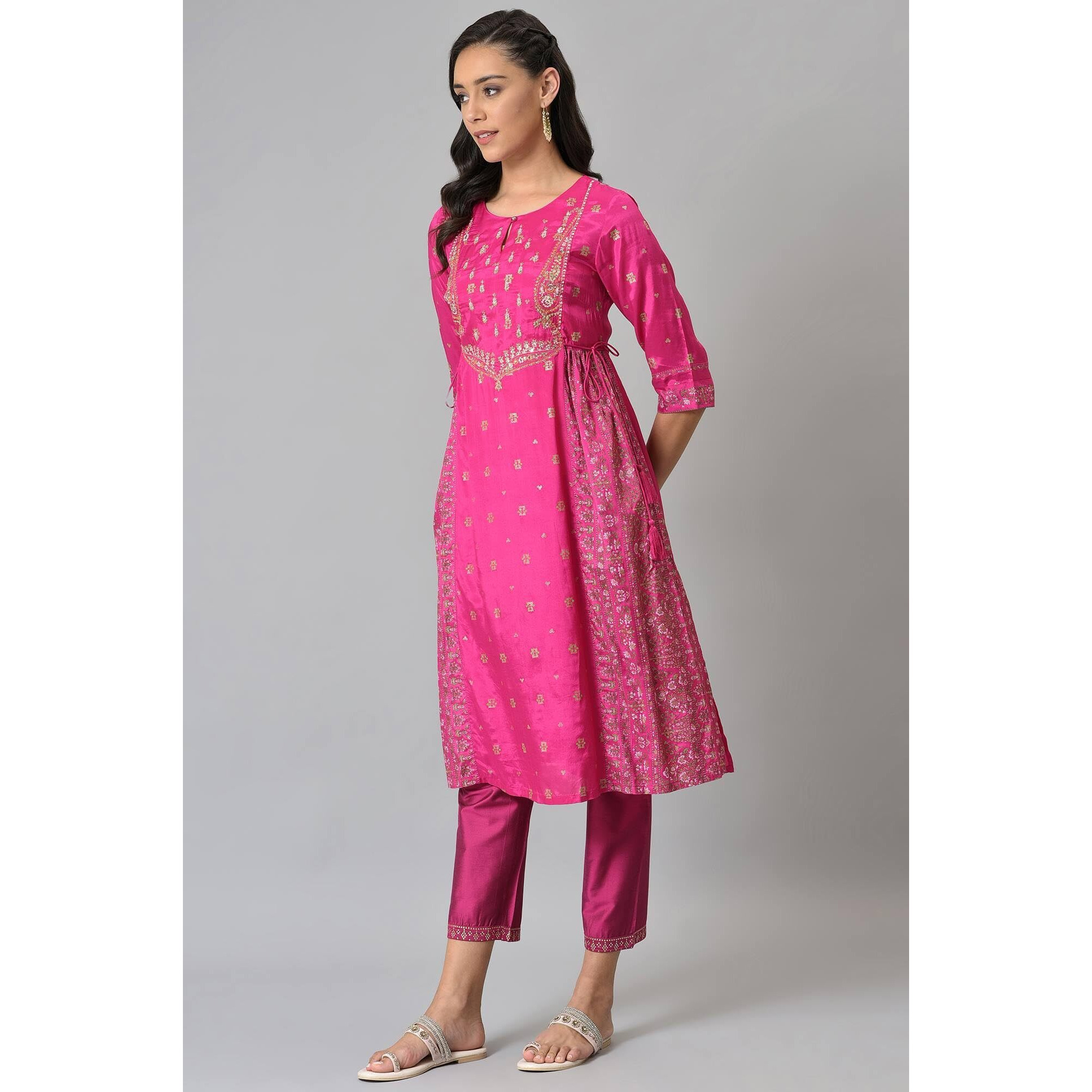 W for Woman Women Viscose Pink Flared Floral Printed Festive Kurta_22Auw18274-119793, X_Small