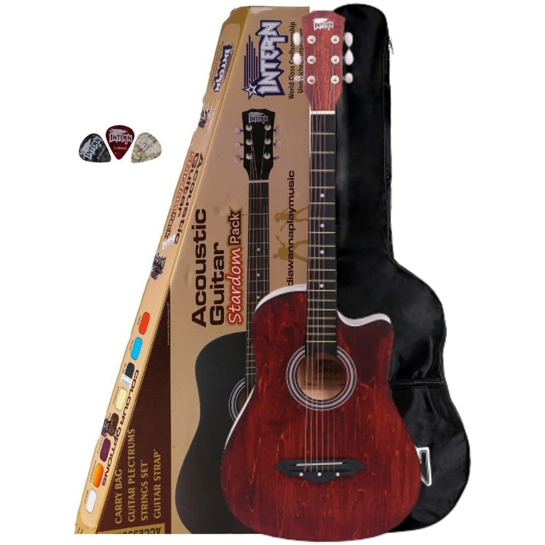 Intern Int-38c Linden Wood Acoustic Guitar Kit with Carry Bag and Picks (Brown)
