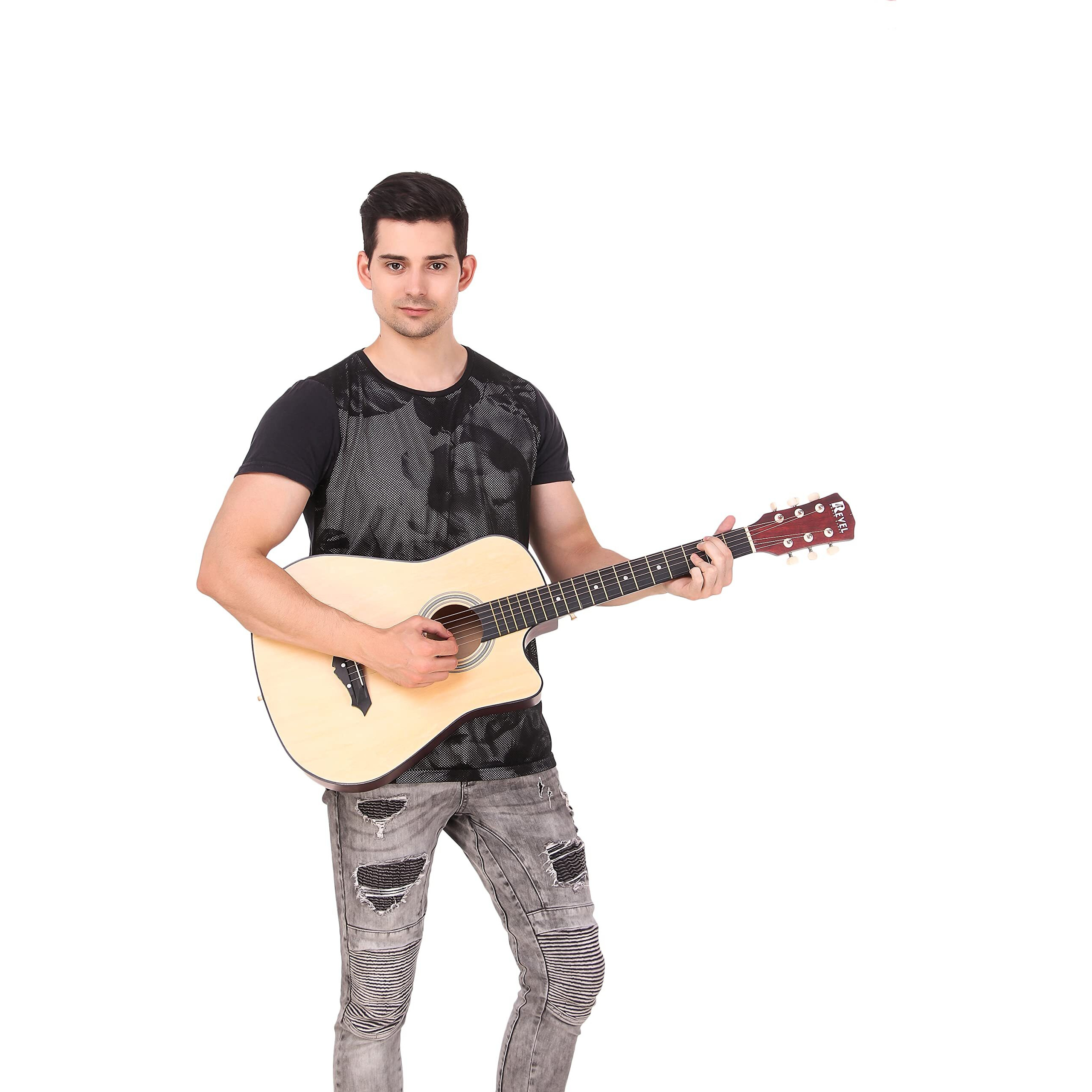 Revel 38 Inches Lindenwood Cutaway Design Acoustic Guitar With Carry Bag And Plectrums (Natural, Beige)