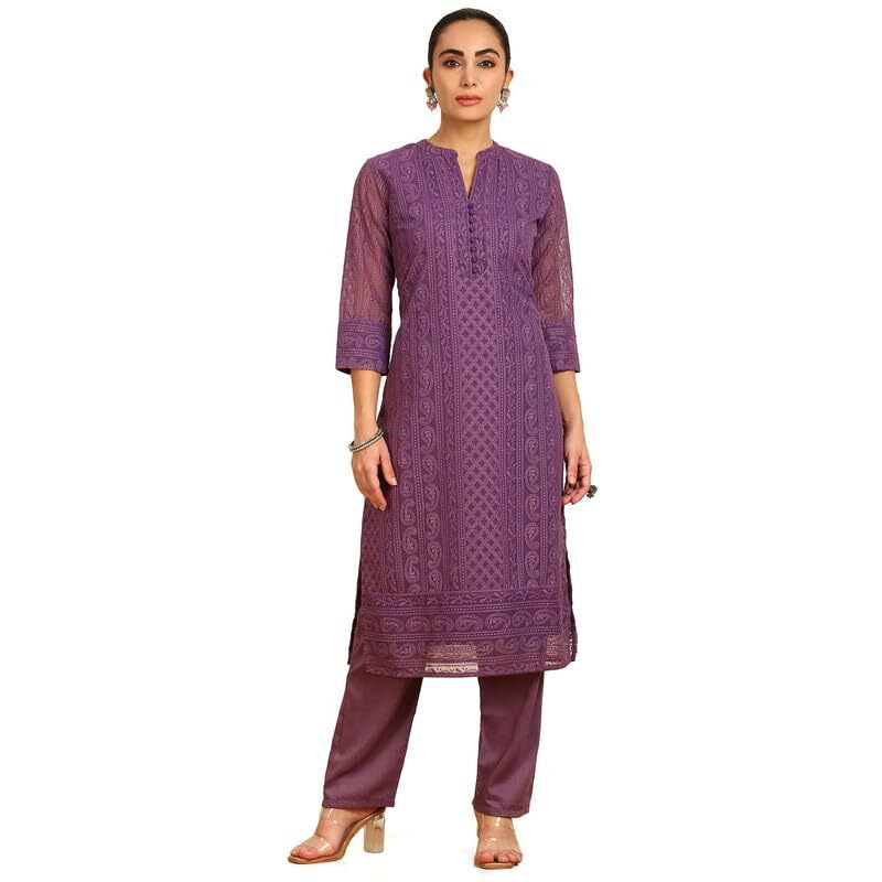 Soch Womens Purple Paisley Embroidered Mandarin Collar Georgette Kurta