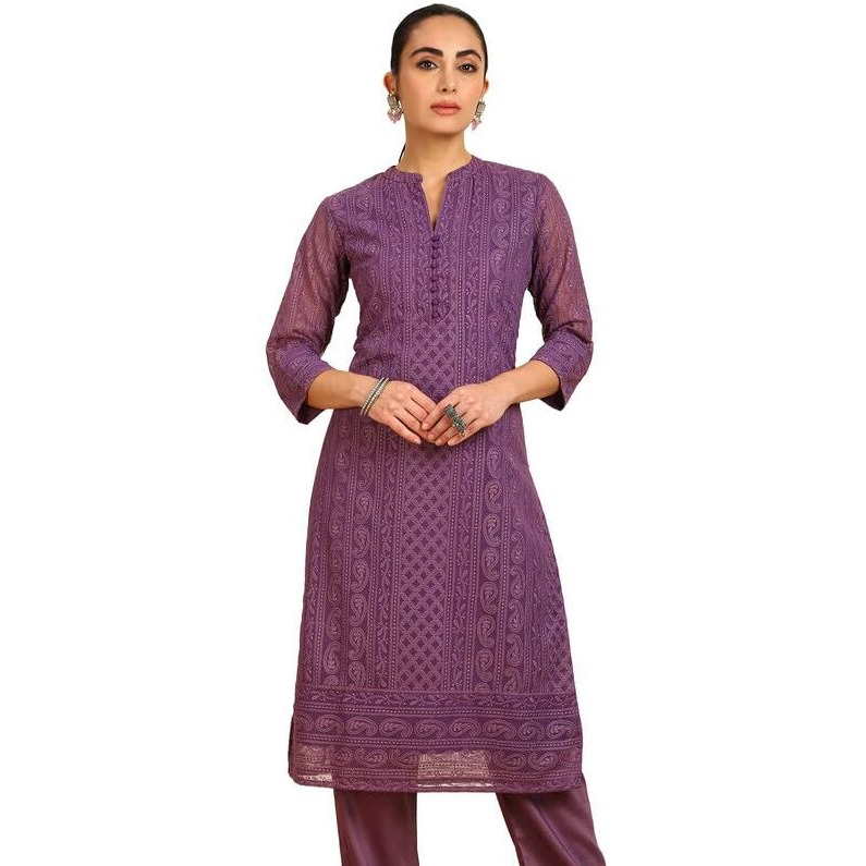 Soch Womens Purple Paisley Embroidered Mandarin Collar Georgette Kurta