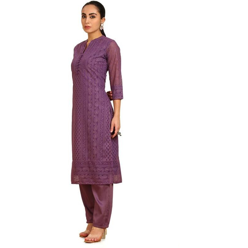 Soch Womens Purple Paisley Embroidered Mandarin Collar Georgette Kurta
