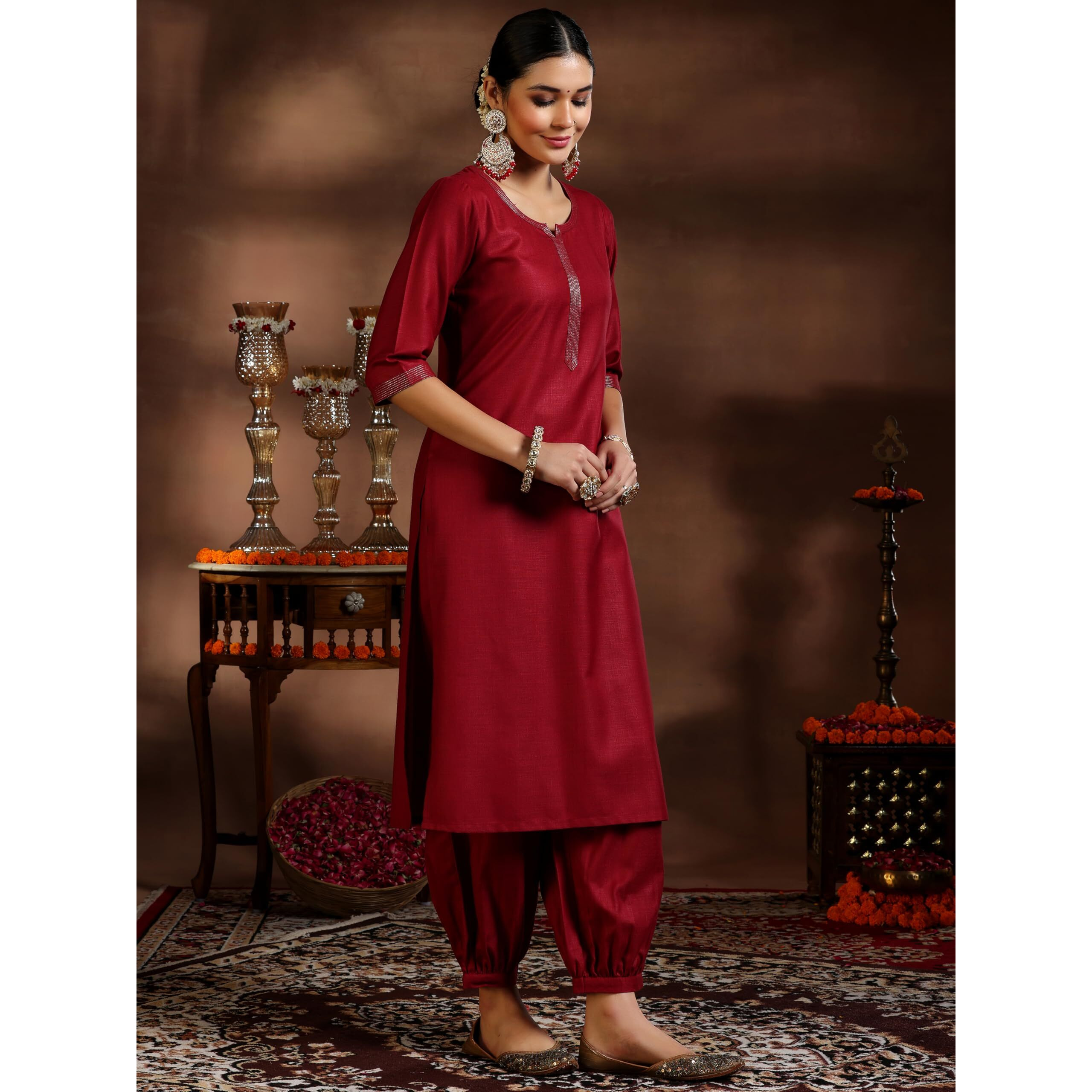 Libas Women's Silk Blend Solid Kurta Set (39053_Maroon