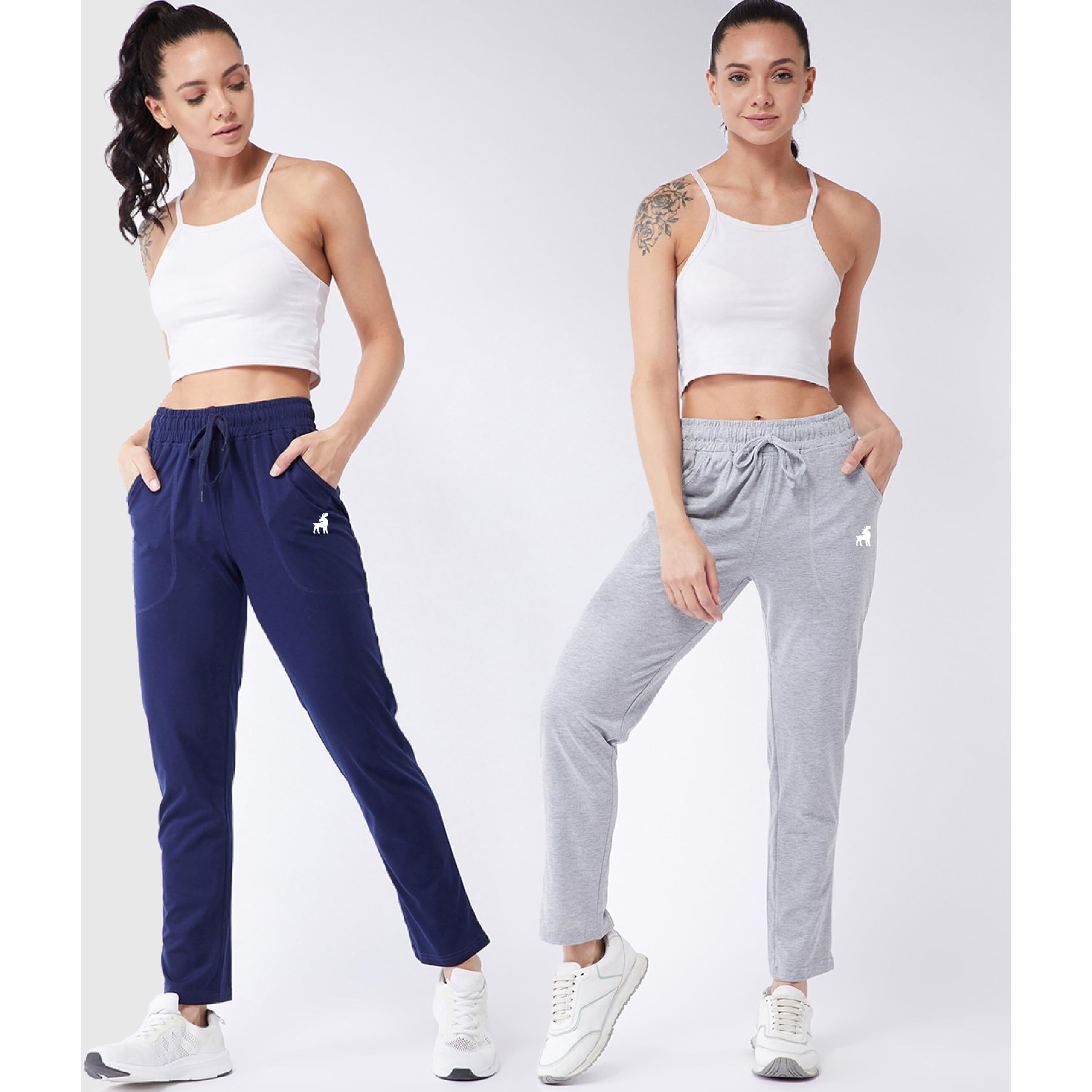 Modeve  Women Cotton Blend Pack of 2 Track Pant for Summer || Women Lower || Women Pyjama || Lounge Pants_Navy and Light Grey_Medium
