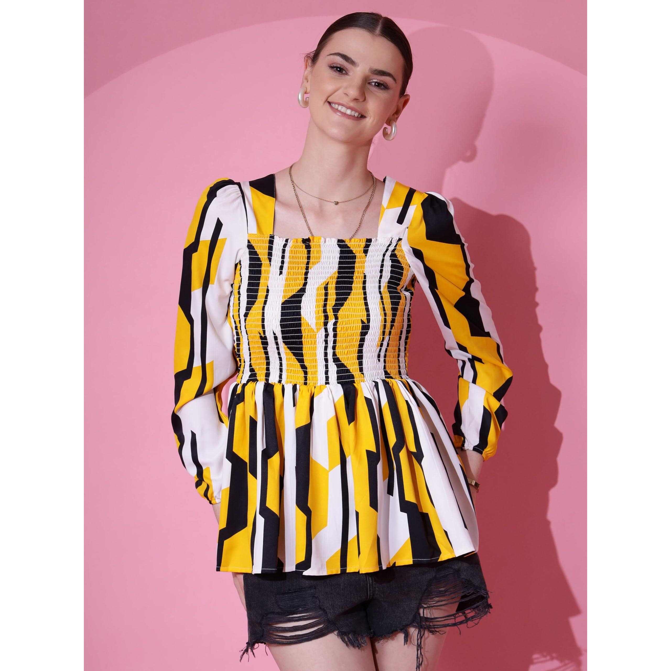 Sheetal Associates Women's Casual Puff Sleeves Floral Print Peplum Top