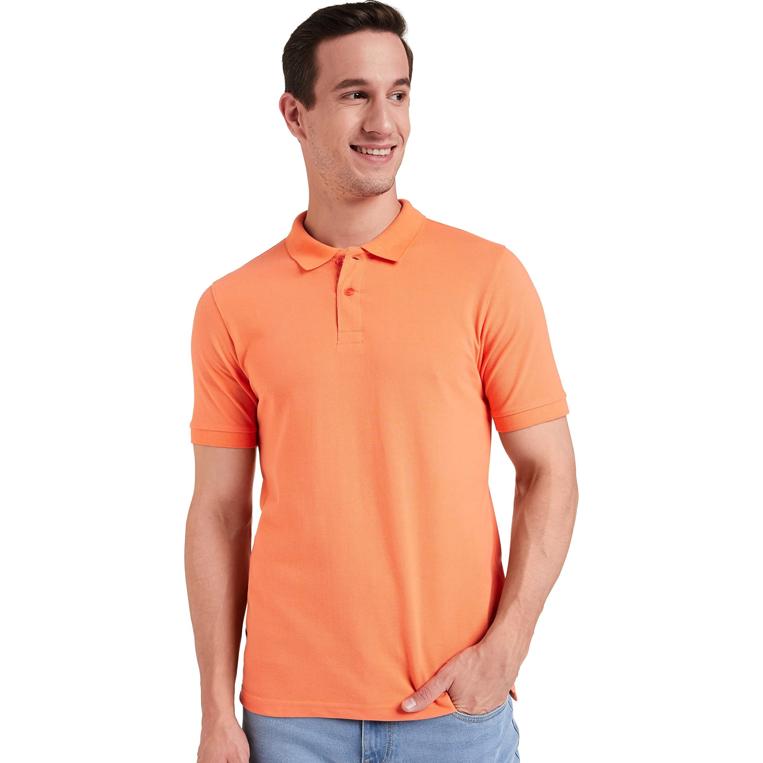 Amazon Brand - Symbol Men's Solid Cotton Rich Polo T Shirt | Collar Tshirts | Half Sleeves | Plain-Regular Fit (Melon_XL) (Available in Plus Size)