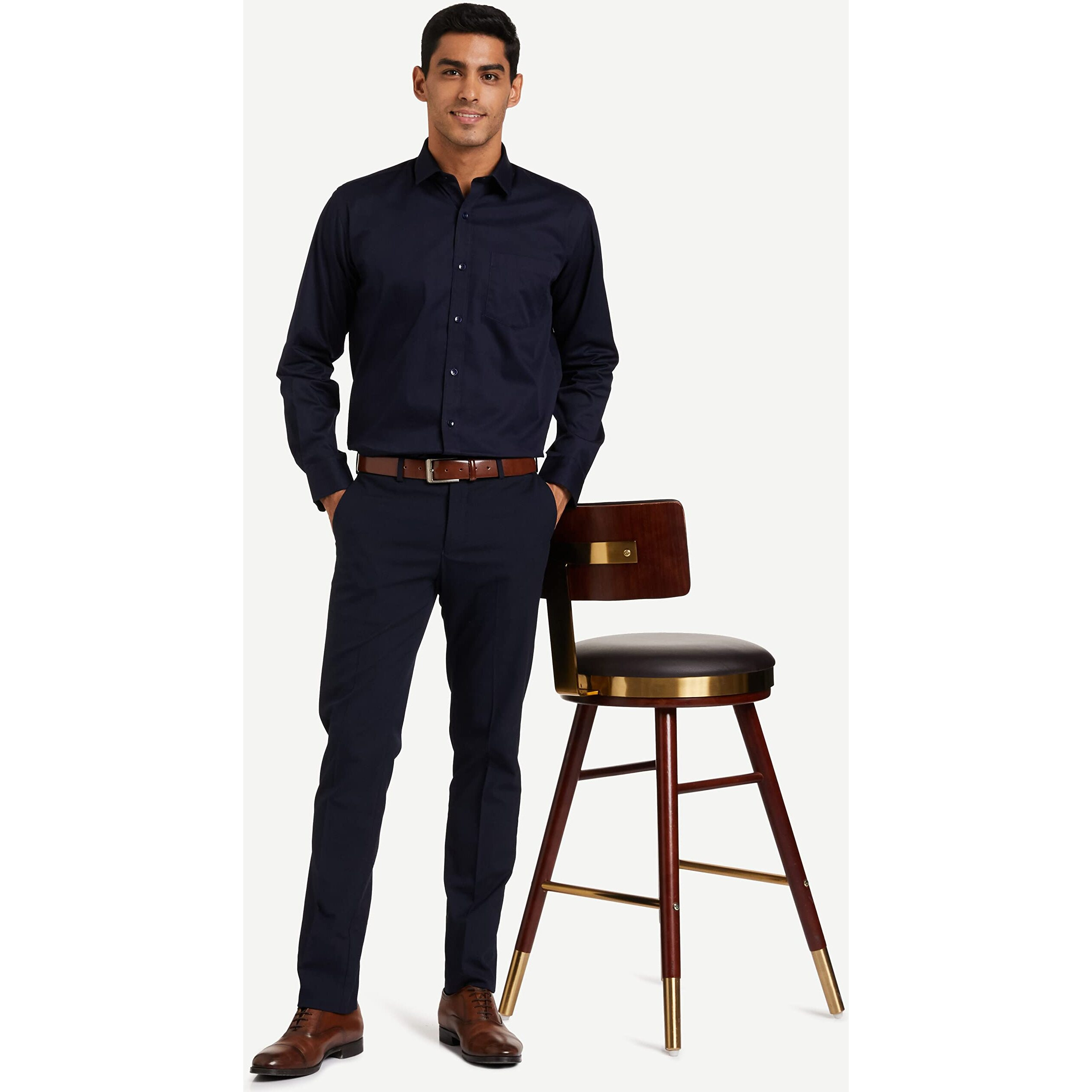 Amazon Brand - Symbol Men's Solid Cotton Formal Shirt | Plain | Full Sleeve - Regular Fit (Available in Plus Size) (Navy_40)
