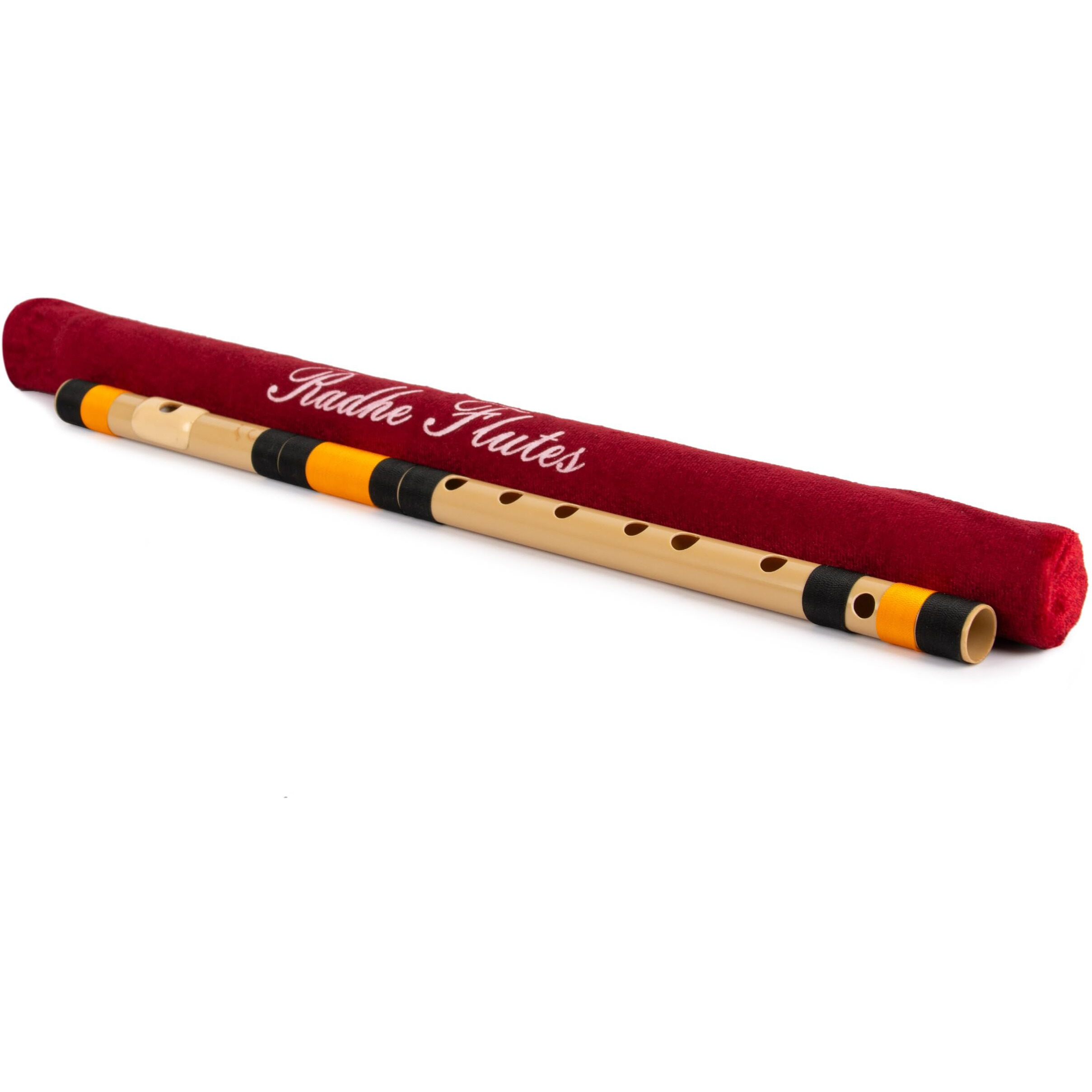 Radhe Flutes | Right Handed C Sharp With Velvet Cover | Tuned With Tanpura A440Hz | PVC Fiber (Beige Flute With Black & Orange Threads)
