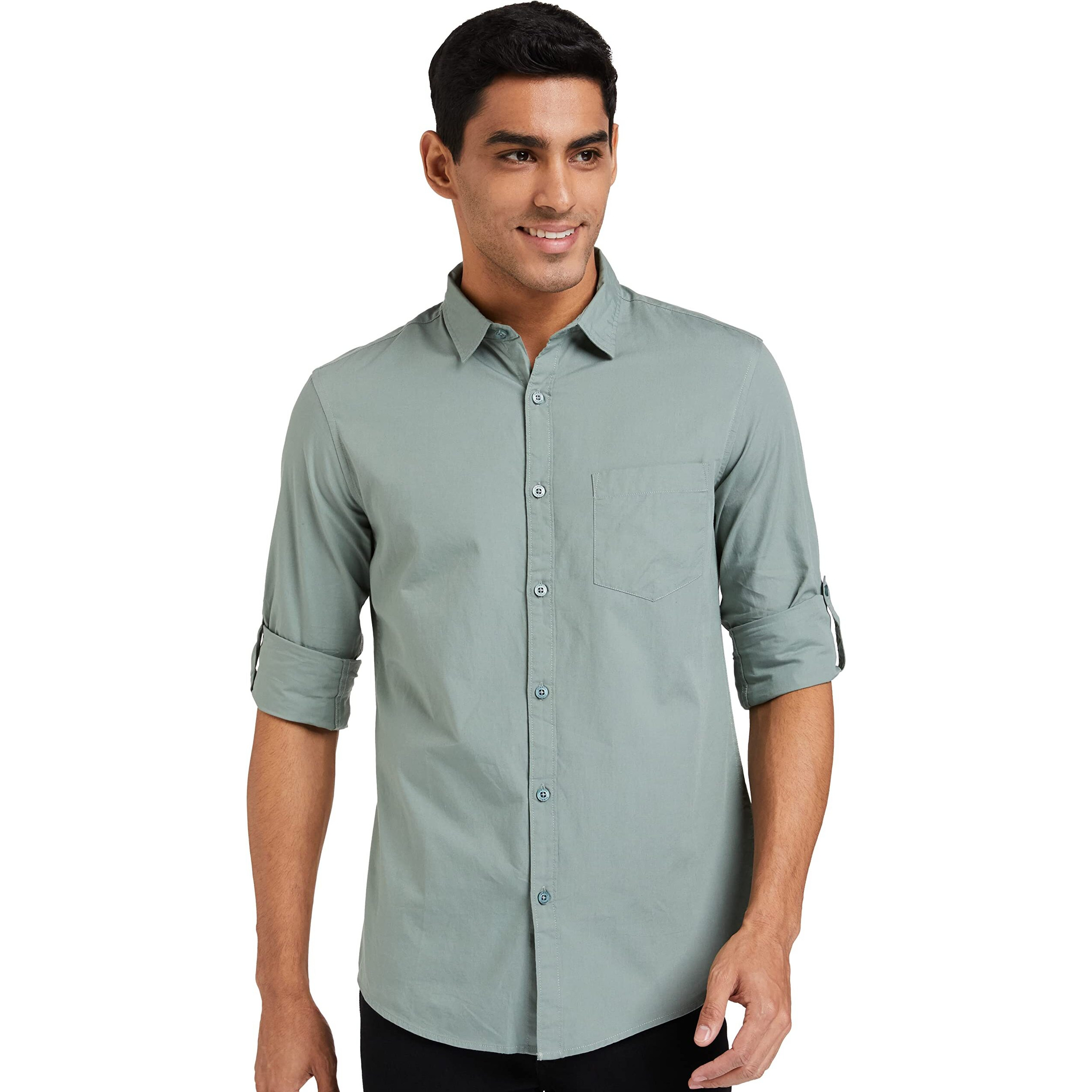 Amazon Brand - Symbol Men's Cotton Shirt | Casual | Plain | Full Sleeve | Summer - Regular Fit (Available in Plus Size) (Granite Green_L)