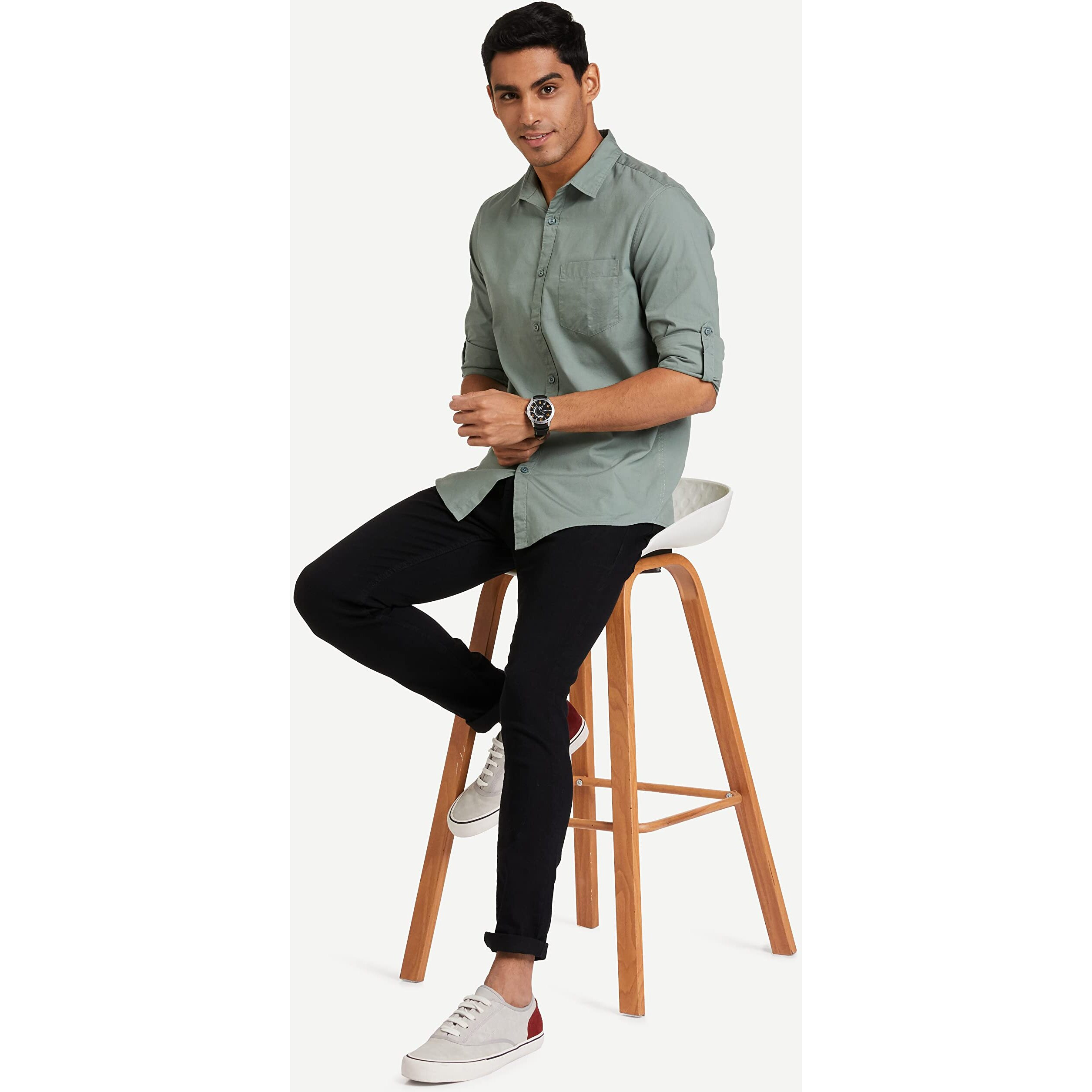 Amazon Brand - Symbol Men's Cotton Shirt | Casual | Plain | Full Sleeve | Summer - Regular Fit (Available in Plus Size) (Granite Green_L)