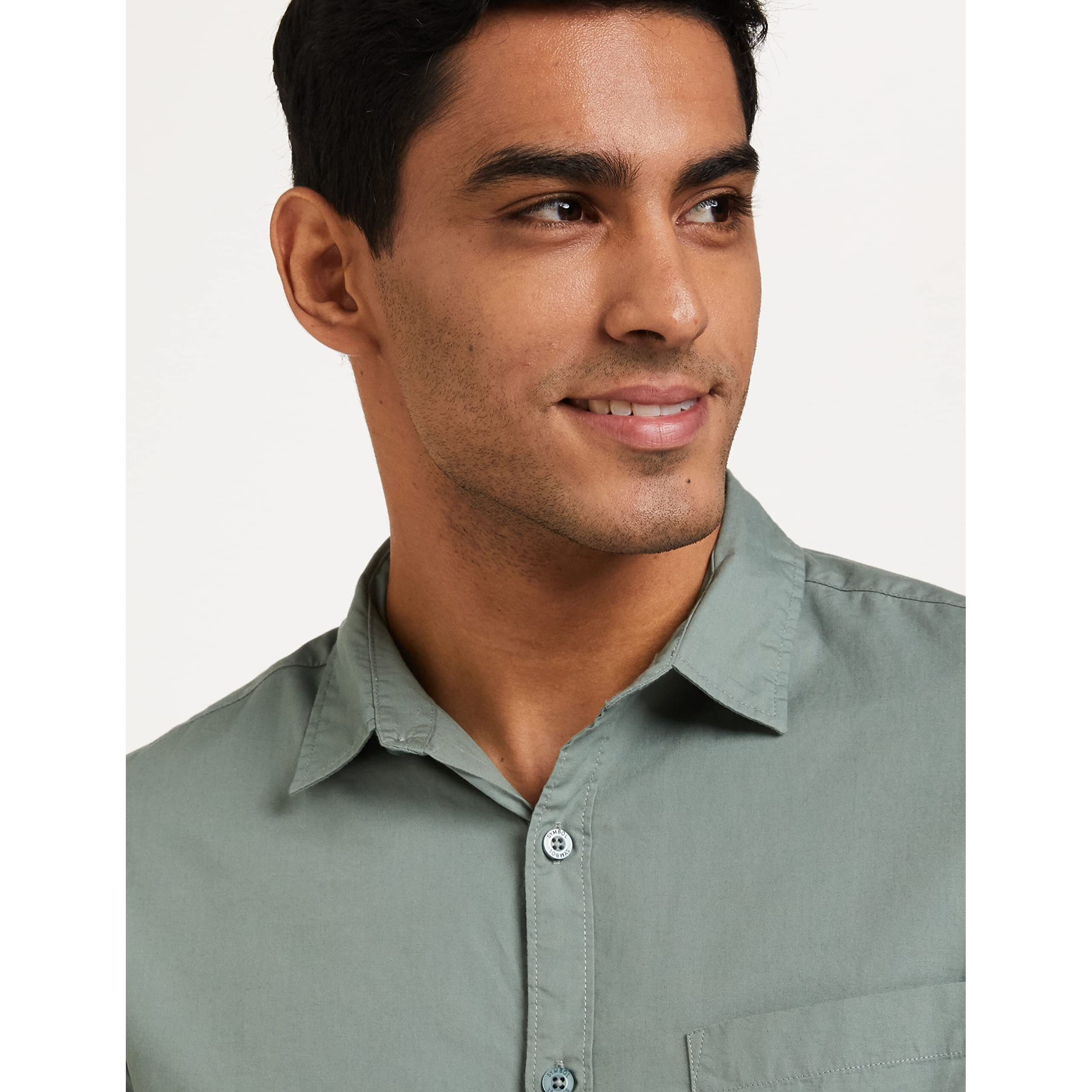 Amazon Brand - Symbol Men's Cotton Shirt | Casual | Plain | Full Sleeve | Summer - Regular Fit (Available in Plus Size) (Granite Green_L)