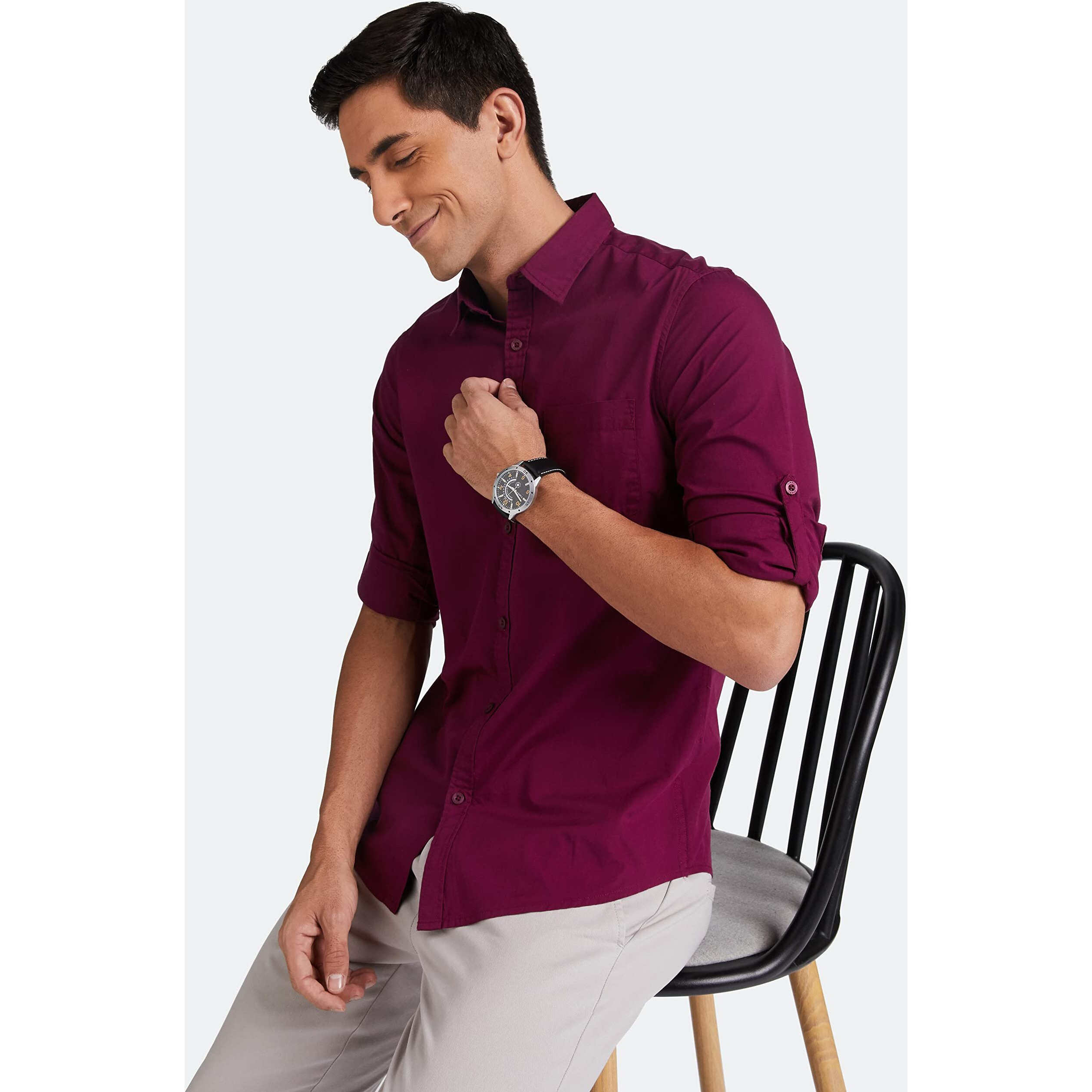 Amazon Brand - Symbol Men's Cotton Shirt | Casual | Plain | Full Sleeve | Summer - Regular Fit (Available in Plus Size) (Amaranth_2XL)