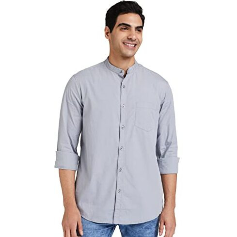 Amazon Brand - Symbol Men's Cotton Shirt | Chinese Collar | Casual | Plain | Full Sleeve | Summer - Regular Fit (Available in Plus Size) (Light Grey_M)